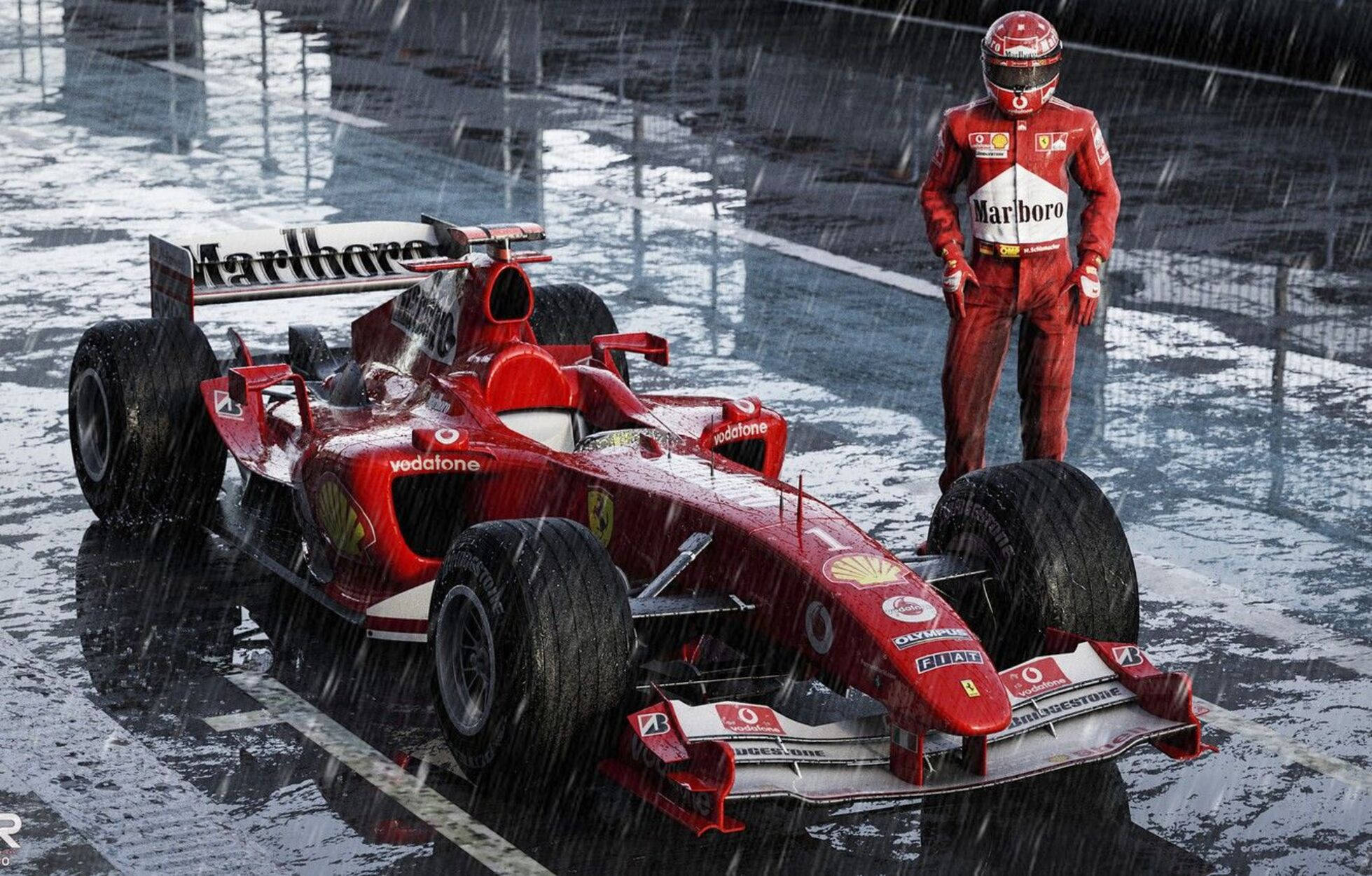 michael 桌布 壁紙 — 一輛紅色法拉利F1賽車和車手在暴雨中靜止不動，濕滑的賽道上反射著水花和倒影。