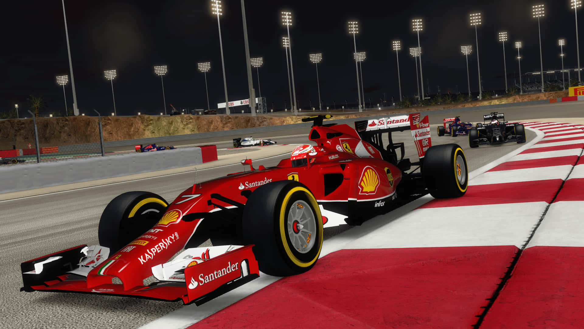 F1 2016 桌布 壁紙 — 一輛紅色法拉利F1賽車在夜間明亮的體育場燈光下越過方格旗終點線。