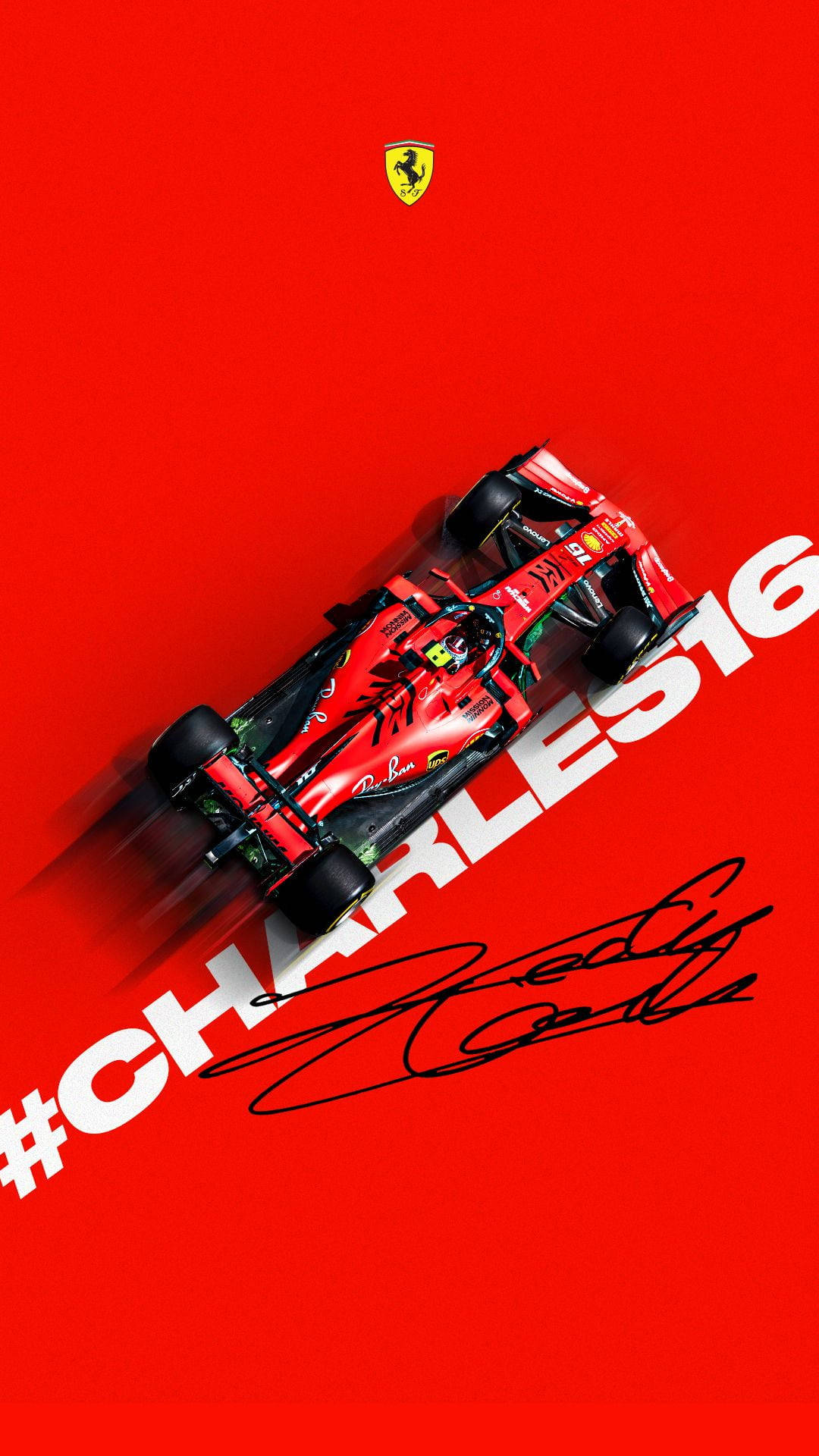 F1 iPhone 壁紙 桌布 壁紙 — 一輛紅色法拉利F1賽車在純紅色背景上以對角線疾馳，背景上有 '#CHARLES16' 及下方簽名。