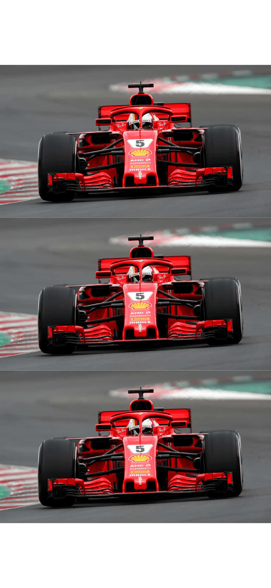 F1 2018 桌布 壁紙 — 一輛紅色法拉利一級方程式賽車（編號5）在設有紅、白、綠色路緣石的賽道上比賽。