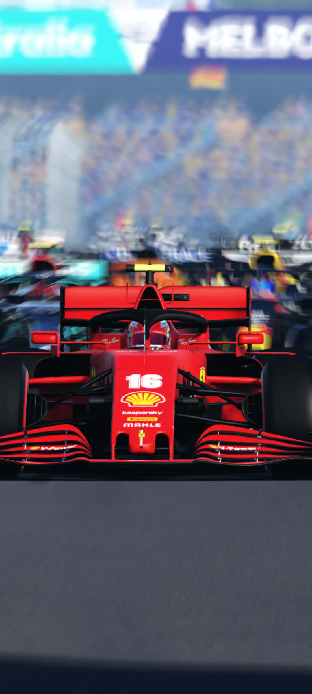 Formula 1 iPhone 桌布 壁紙 — 一輛紅色法拉利一級方程式賽車，車號16，在賽道上疾馳，模糊的觀眾在看台上歡呼。
