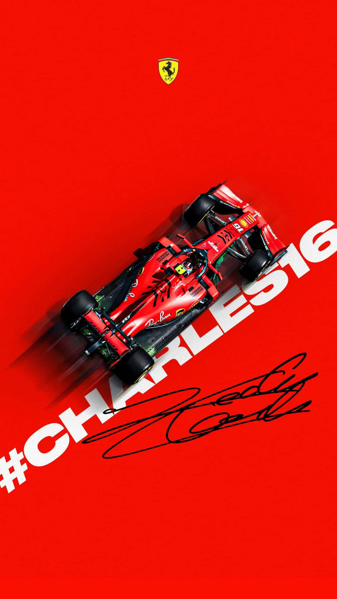 Formula 1 iPhone 桌布 壁紙 — 一輛紅色法拉利一級方程式賽車在帶有 '#CHARLES16' 和簽名的醒目紅色背景上對角線飛馳。