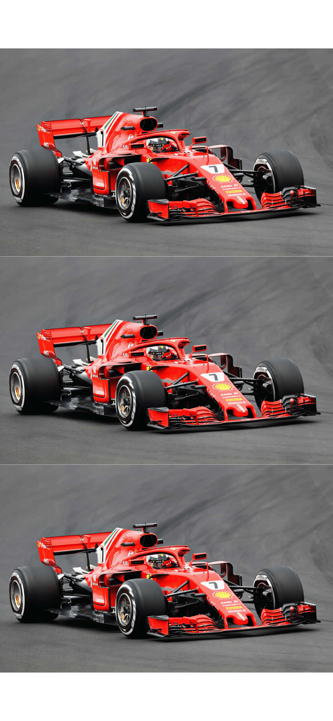 F1 2018 桌布 壁紙 — 一輛紅色法拉利一級方程式賽車在灰色賽道上奔馳，動態模糊凸顯高速。