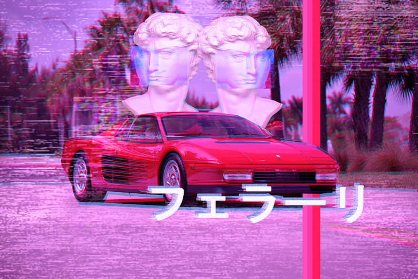 glitch art 桌布 壁紙 — 一輛紅色法拉利跑車停在帶有故障效果的紫色天空下，周圍漂浮著古典半身像和日文文字疊加。
