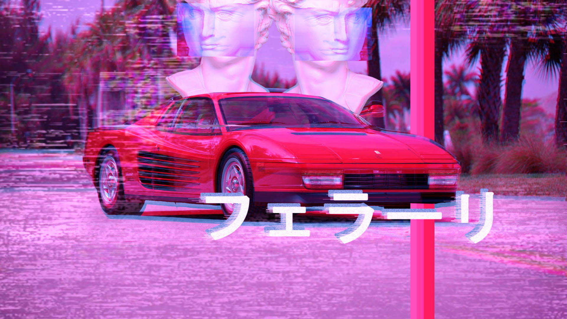 動漫車 桌布 壁紙 — 一輛紅色法拉利跑車在帶有日文文字疊加的故障粉紅和紫色數位扭曲下發光。
