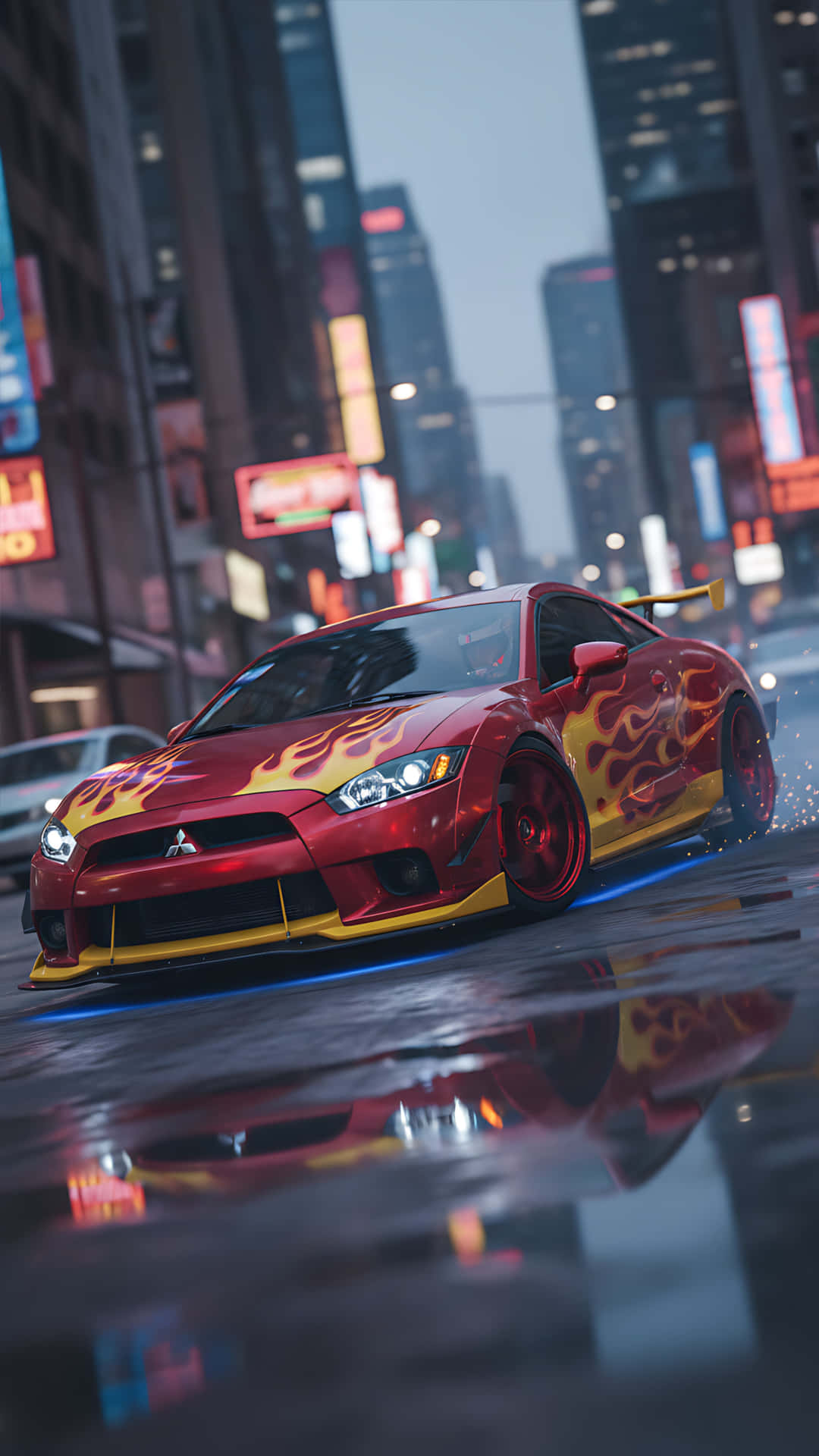 Mitsubishi Eclipse red 壁紙 — 一輛紅色火焰塗裝的跑車在夜晚霓虹燈照亮、雨水浸濕的城市街道上疾馳，反射出閃爍的光芒。