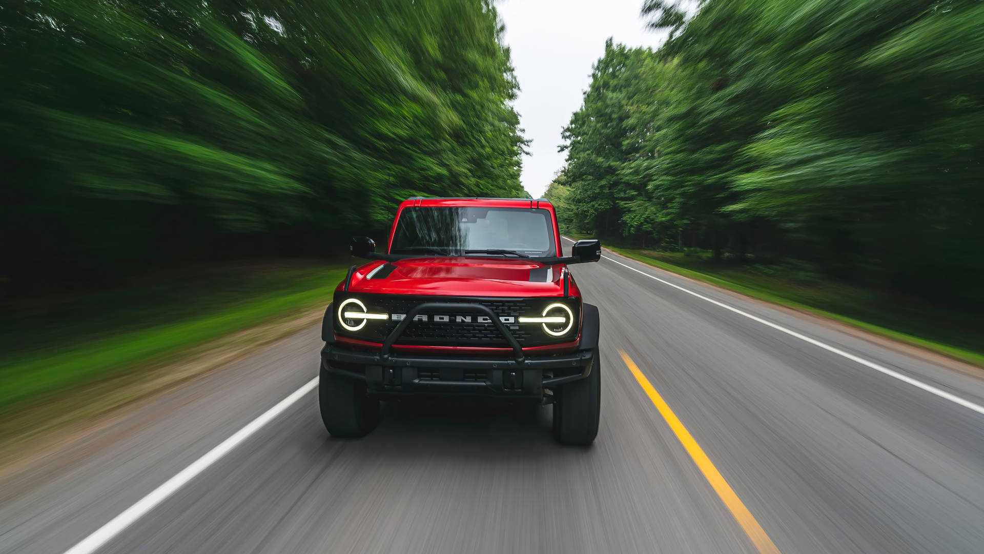 Ford Bronco 桌布 壁紙 — 一輛紅色福特Bronco在樹林環繞的道路上疾馳，動態模糊強調了其速度。
