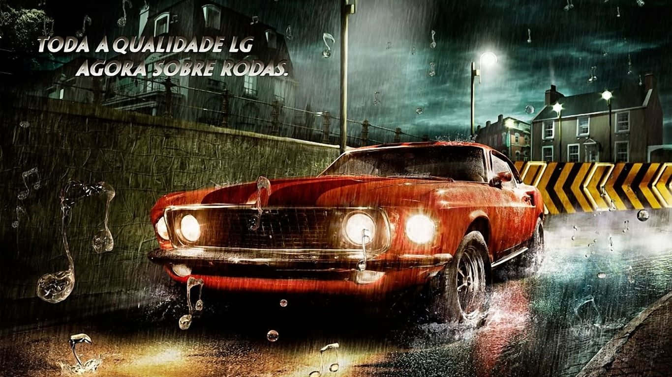 Car Audio 桌布 壁紙 — 一輛紅色經典肌肉車在雨夜的都市街道上飛馳，車頭燈閃爍，空氣中飄浮著音符。