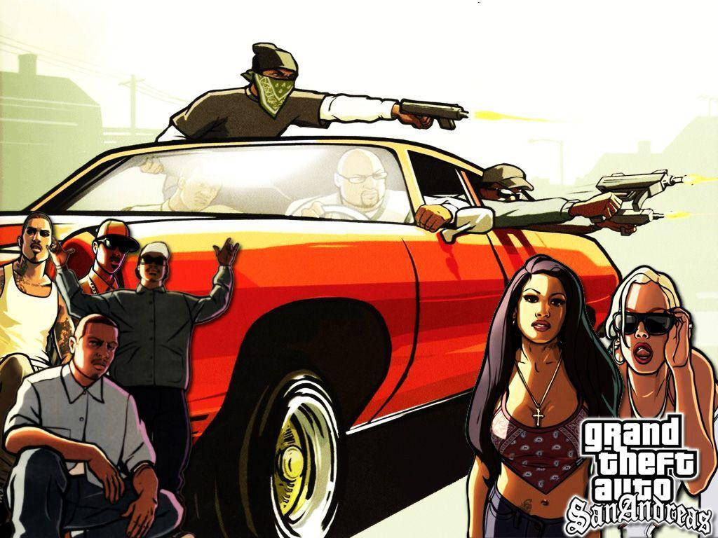 GTA 聖安地列斯 桌布 壁紙 — 一輛紅色肌肉車，車頂和車窗有武裝幫派成員開槍射擊，周圍有其他角色，場景 gritty 都市。