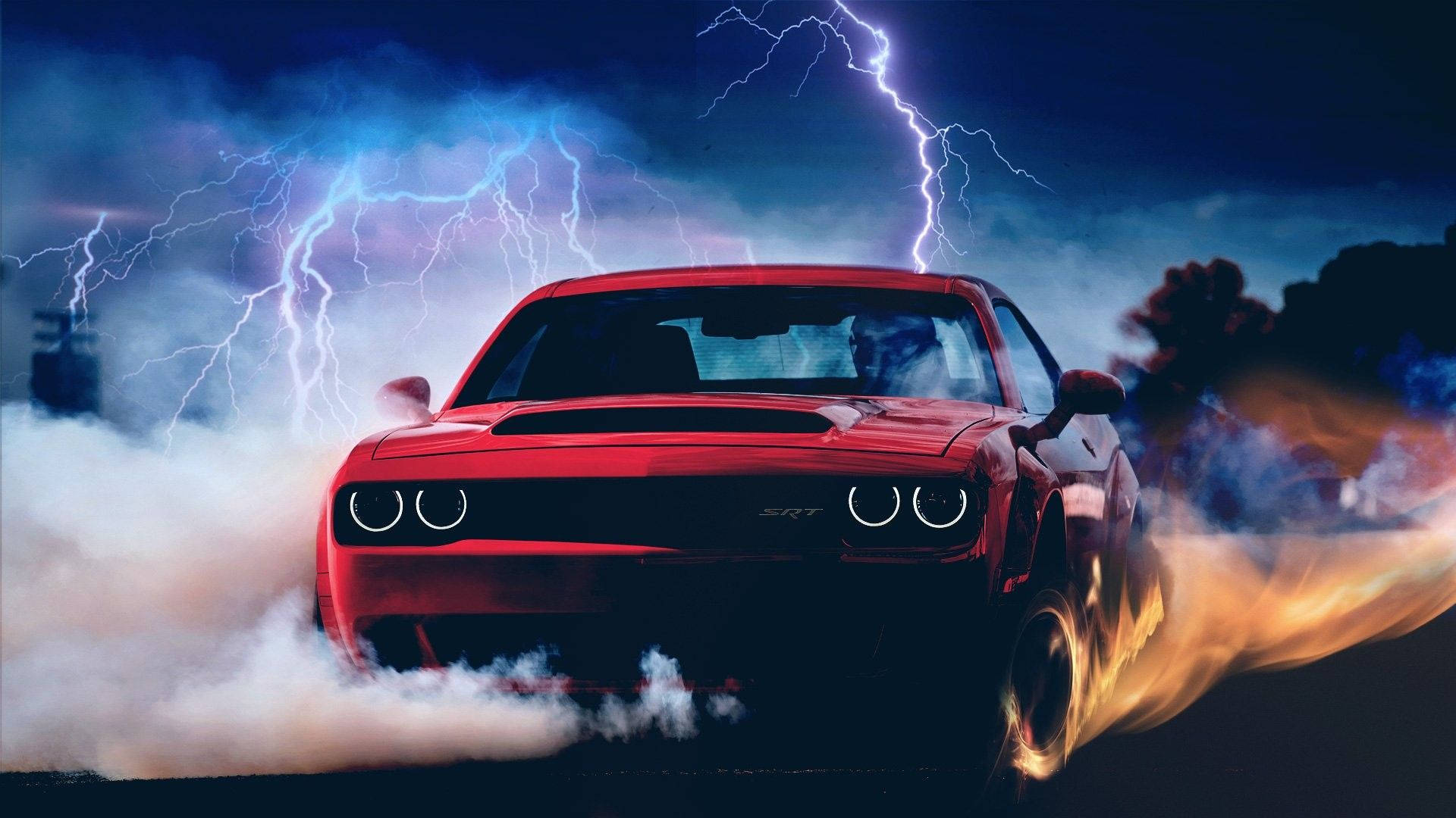 Mopar 桌布 壁紙 — 一輛紅色肌肉車在雷電交加的暴風雨夜晚場景中燒胎。