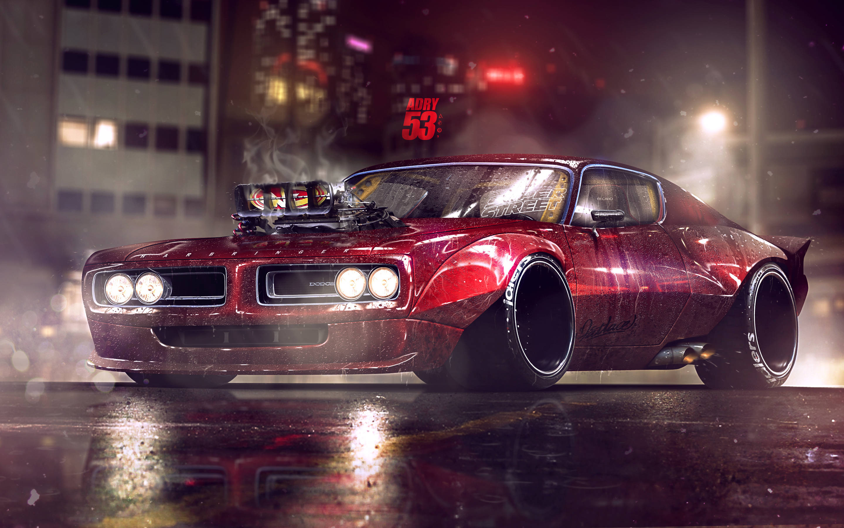 Pontiac 桌布 壁紙 — 一輛紅色肌肉車配備增壓器，在夜晚的雨中霓虹燈城市街道上疾馳，冒著煙。