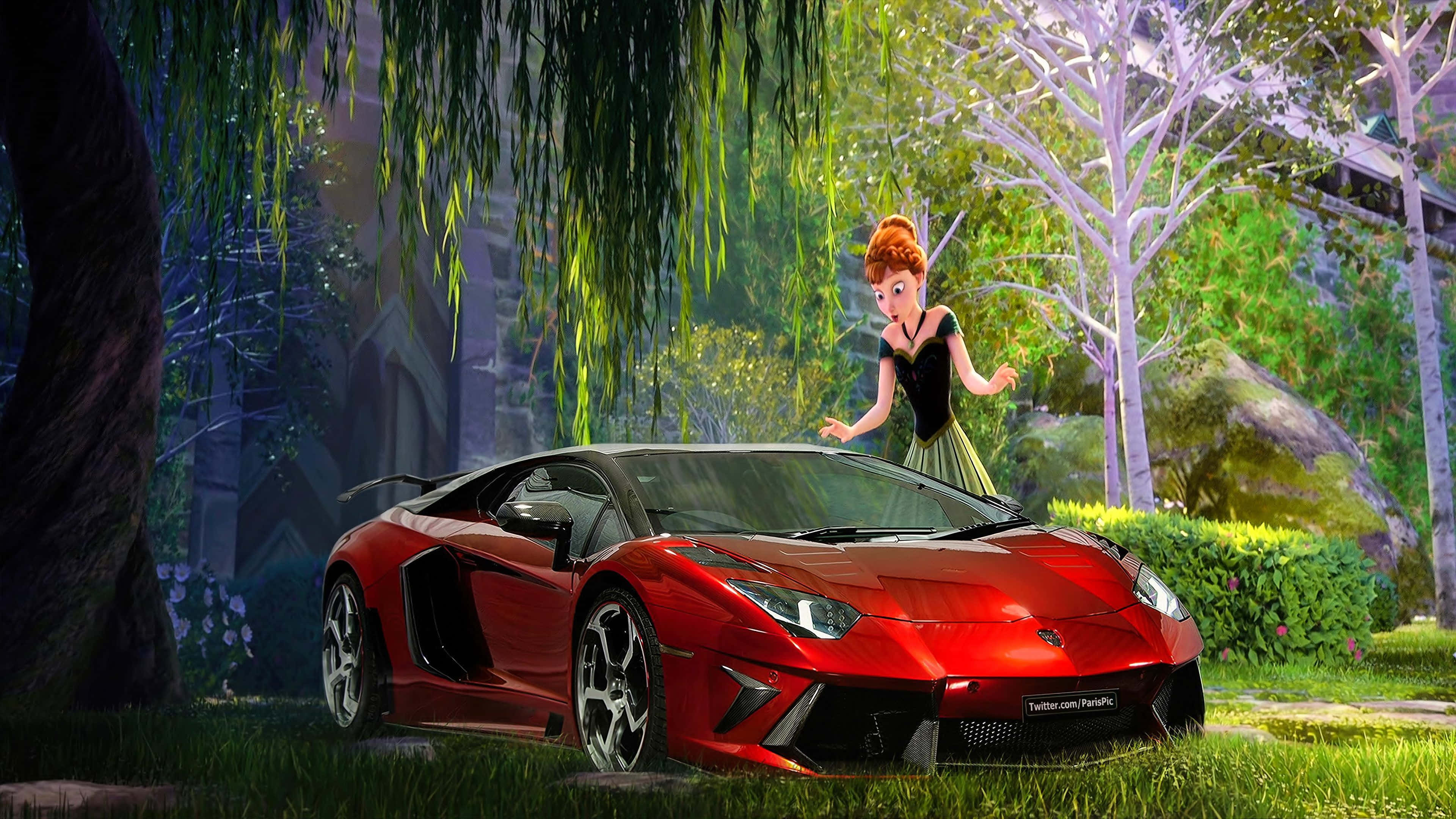 Disney 4K 桌布 壁紙 — 一輛紅色藍寶堅尼Aventador停放在茂密的森林中，旁邊站著一位迪士尼風格的公主。