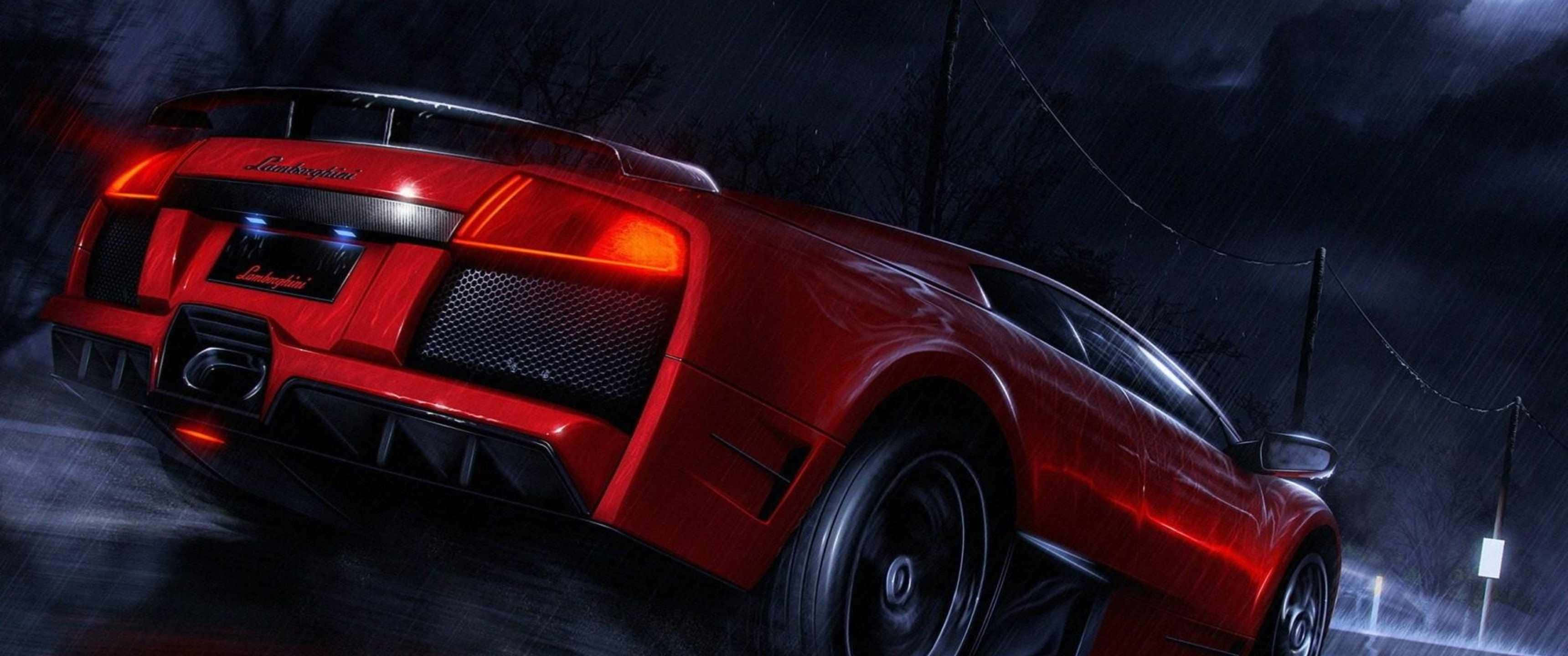 3440x1440p Lamborghini 桌布 壁紙 — 一輛紅色藍寶堅尼在夜雨中疾馳，發光的尾燈在濕漉漉的路面上反射。