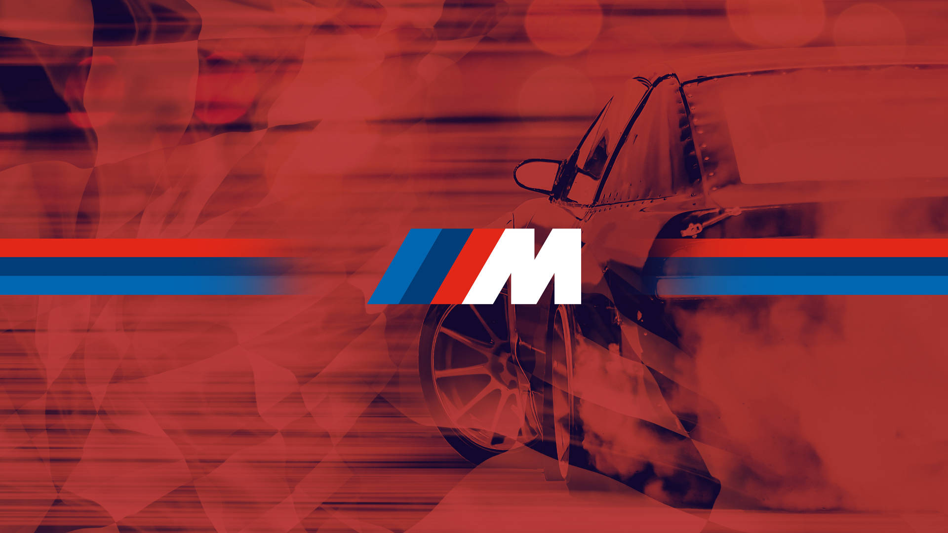 紅色動圖 桌布 壁紙 — 一輛紅色調的BMW M汽車飄移，煙霧拖尾，動態模糊線條橫跨場景。