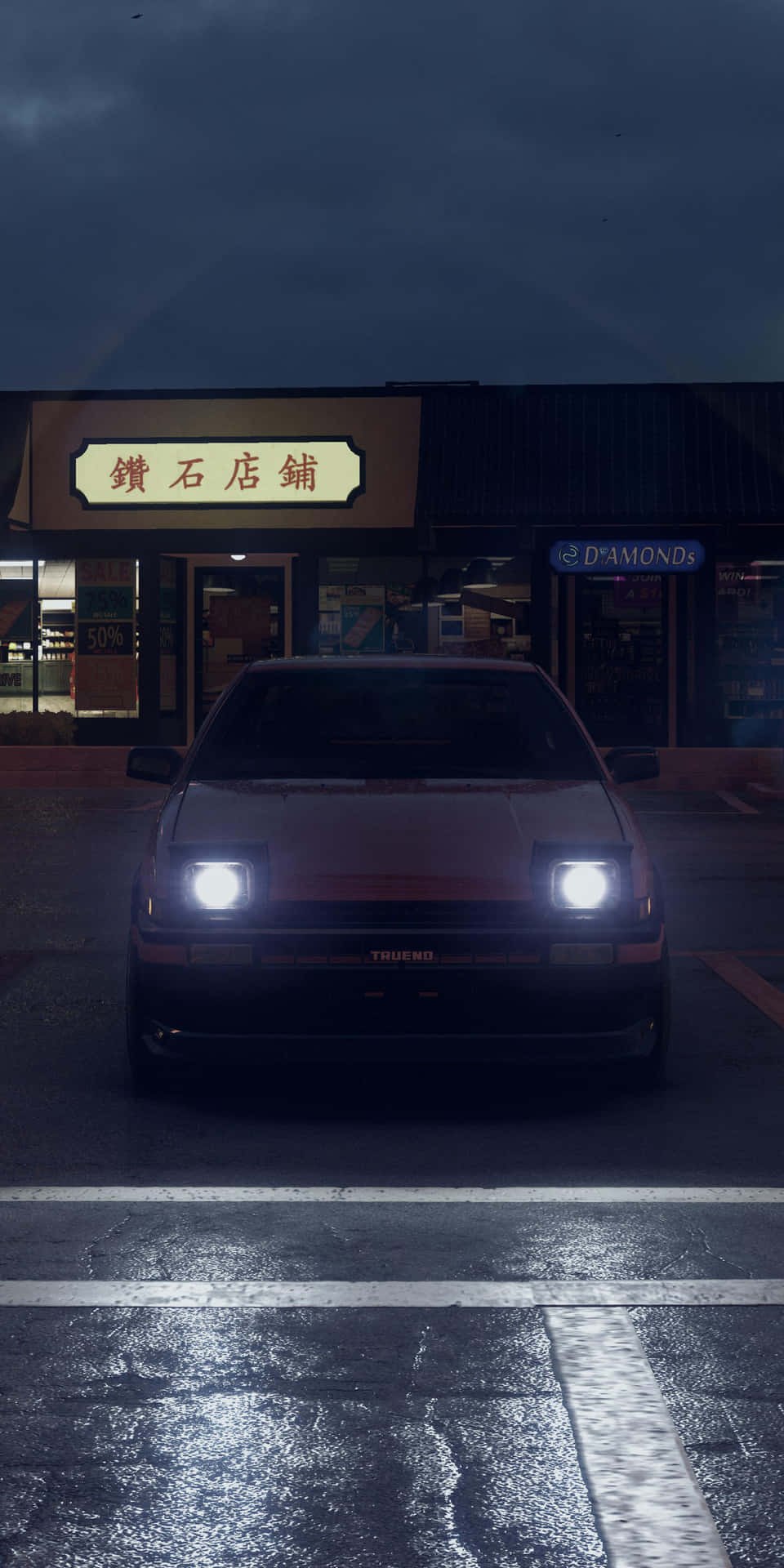 夜間，一輛紅色汽車開著車頭燈停在鑽石商店前。 — Toyota Supra Mk4 壁紙