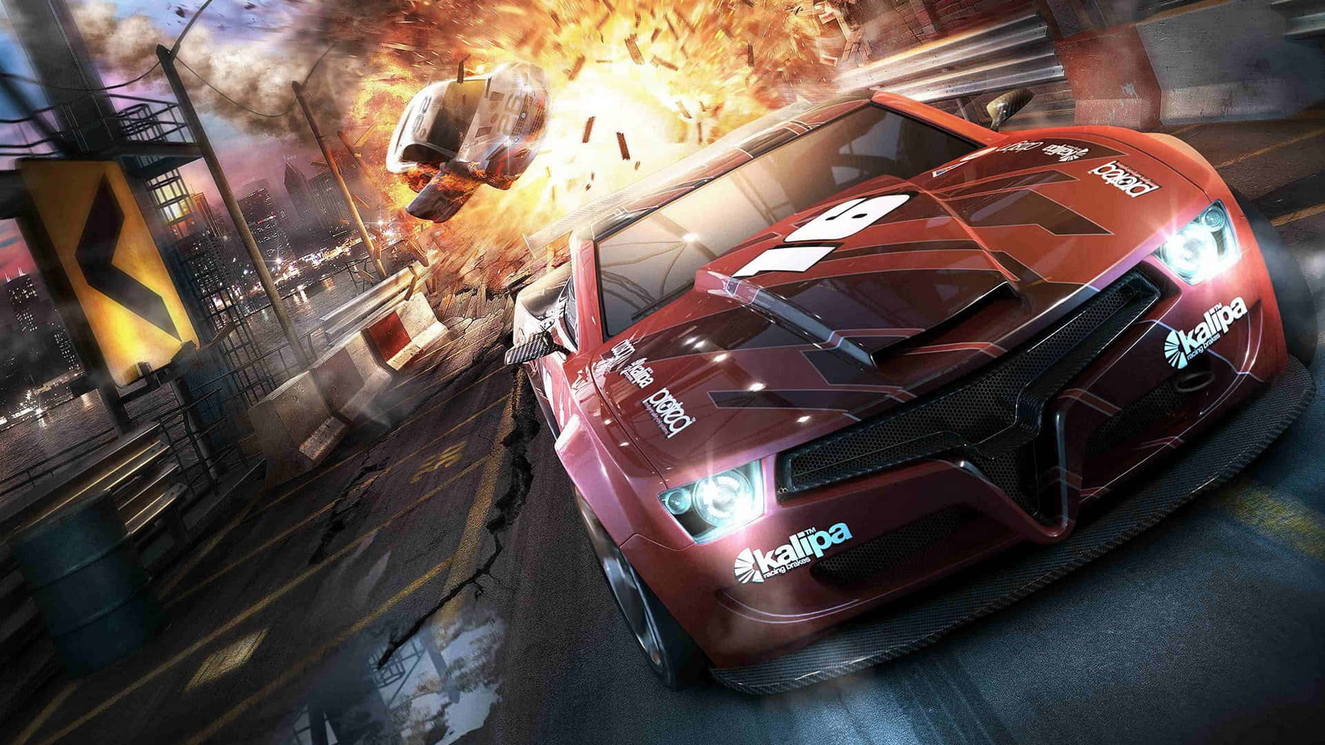 1920 X 1080 HD Gaming 桌布 壁紙 — 一輛紅色賽車在城市的街道上飛馳，身後爆炸產生的碎片四處飛散。