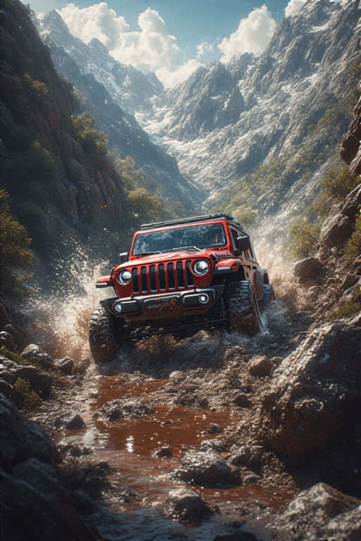 jeep climbing a rocky mountain, splashing through mud. 壁紙 — 一輛紅色越野Jeep在明亮的天空下，濺起泥濘的山間溪流，兩旁是高聳的岩石峭壁。