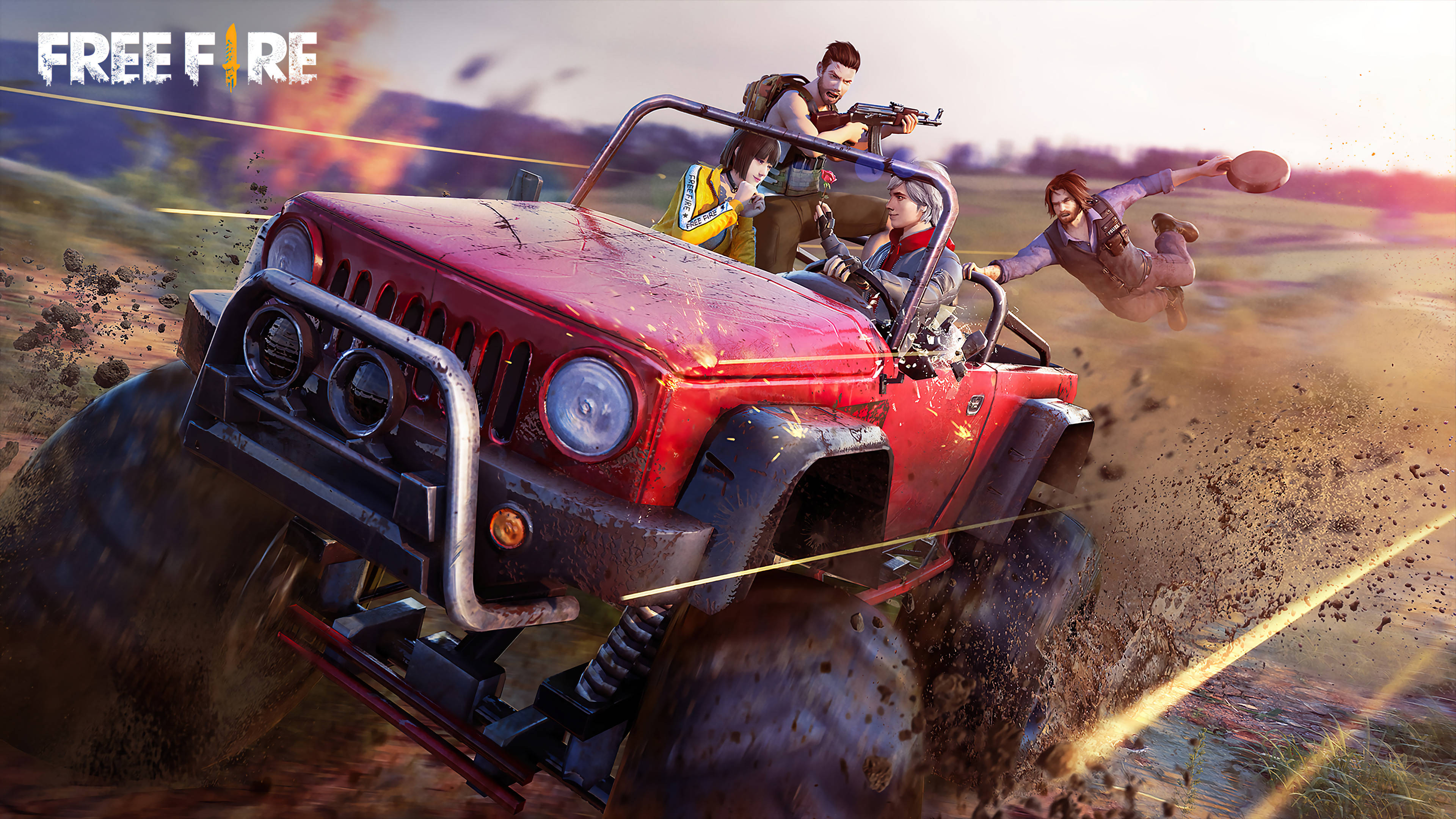 free fire bundle 桌布 壁紙 — 一輛紅色越野車在泥濘地形上疾馳，三名武裝角色以充滿動作的姿態行進。
