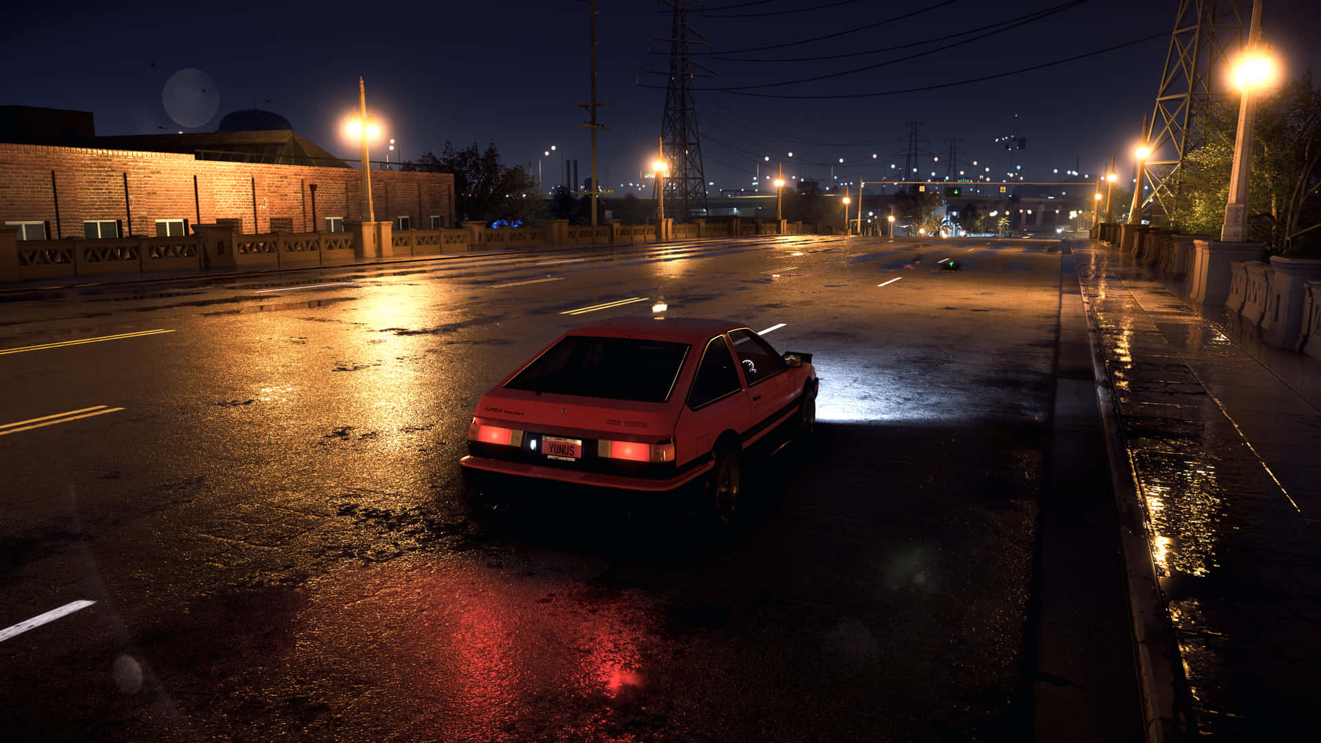 紅色汽車在夜晚停放在潮濕的城市街道上，下方有明亮的街燈。 — Toyota Supra Mk4 壁紙