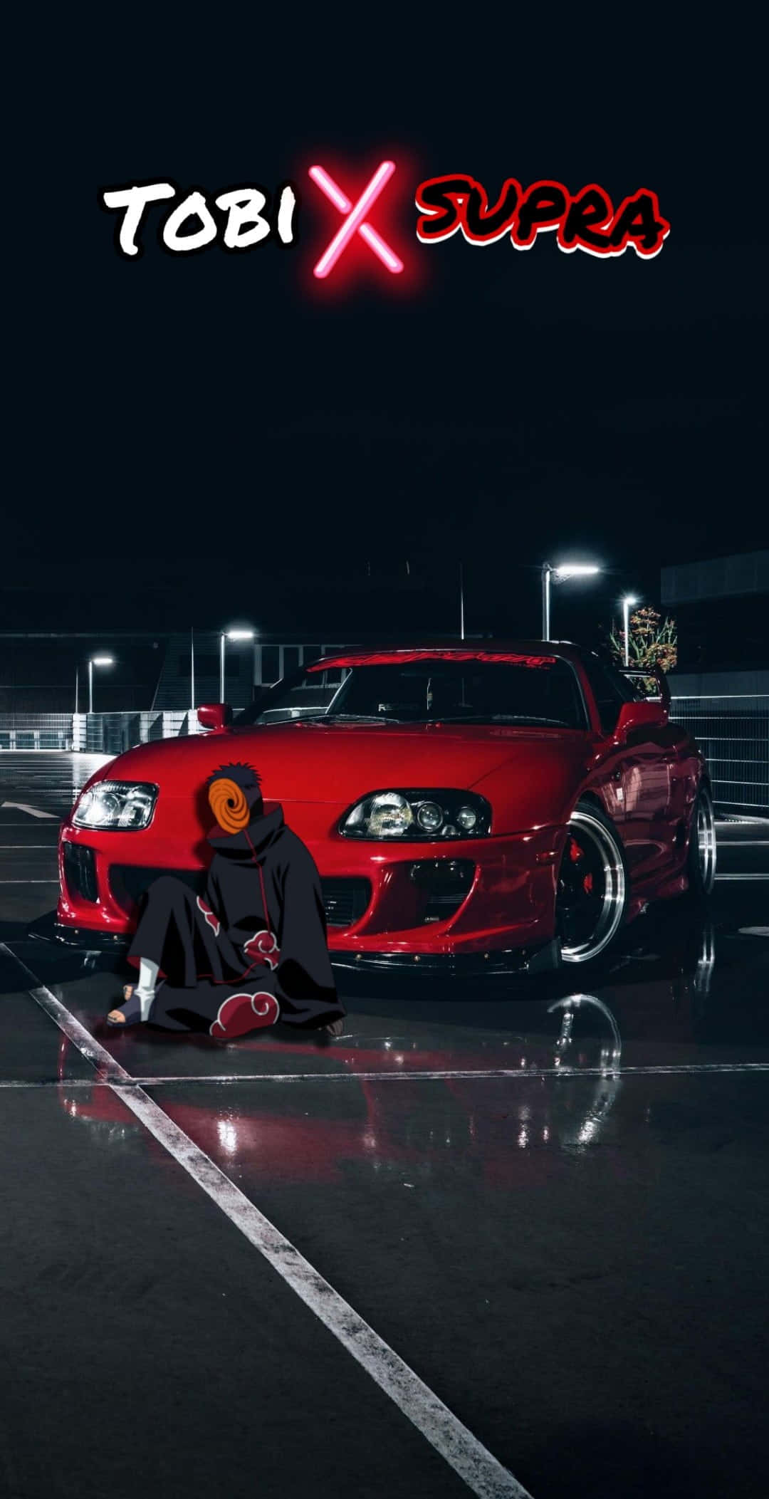 Akatsuki Tobi 桌布 壁紙 — 一輛紅色跑車在夜燈下閃閃發光，一個動漫角色跪在濕漉漉的停車場旁邊。