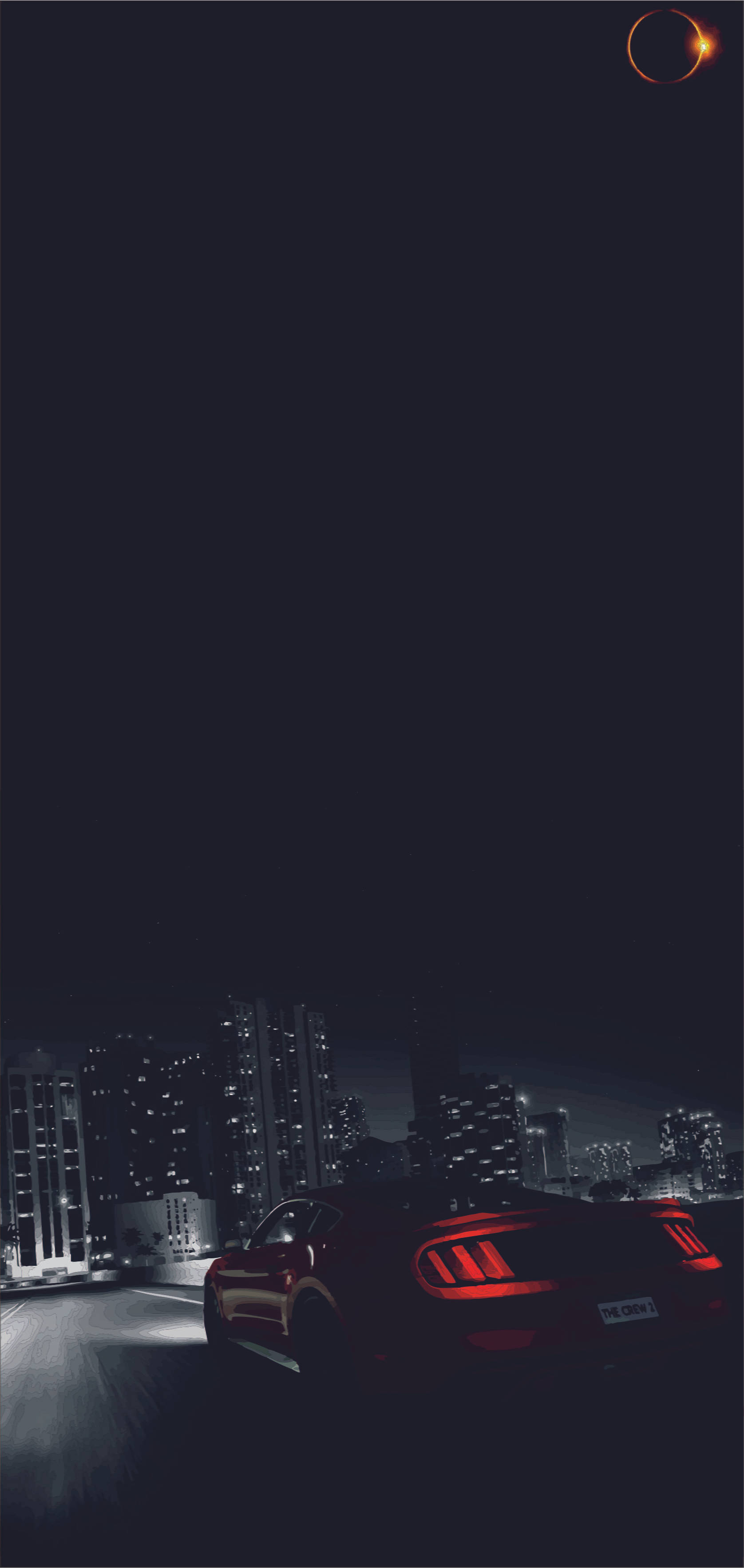 野馬GIF 桌布 壁紙 — 一輛紅色跑車在夜間穿過城市景觀，在閃爍的彎月下行駛。