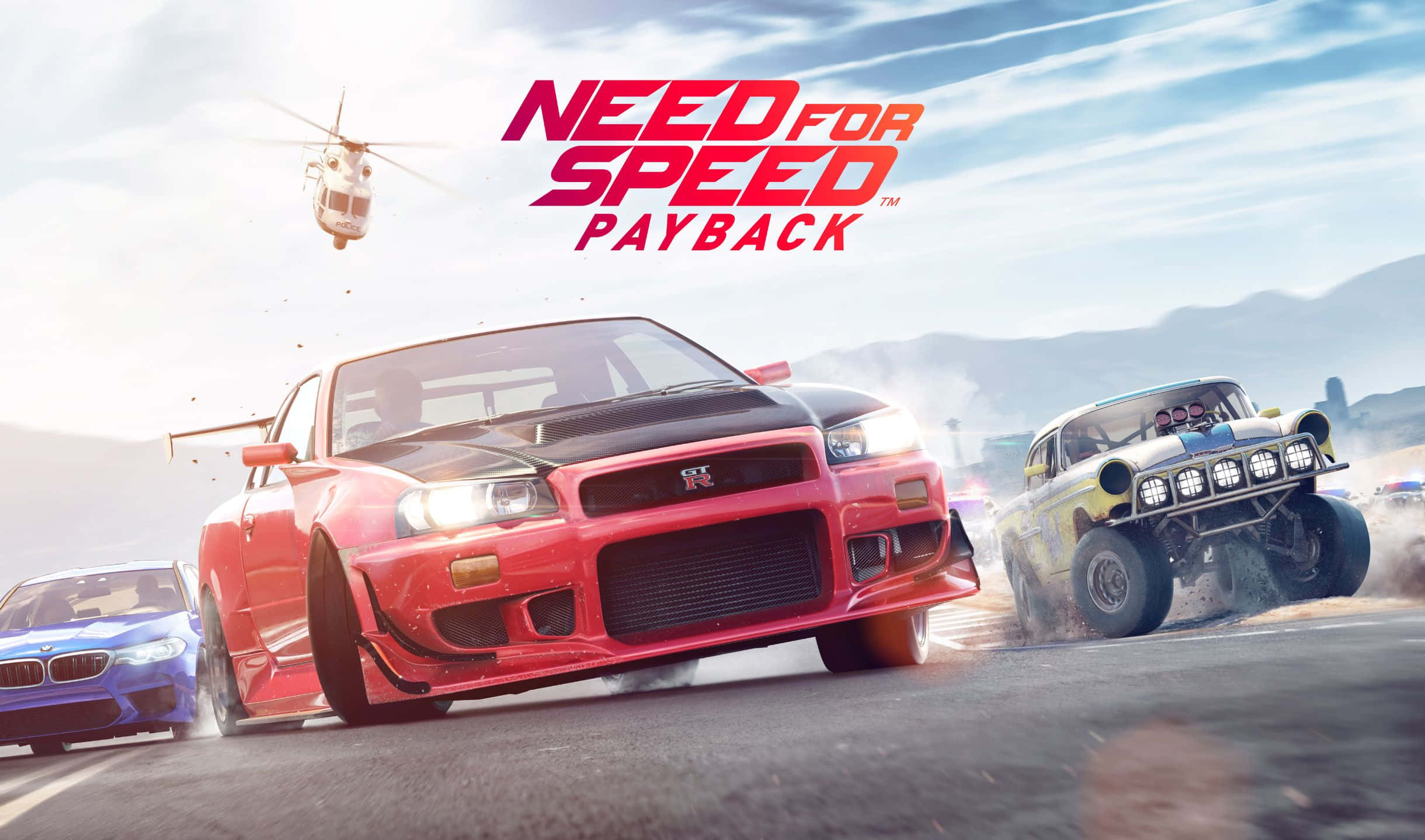 2440x1440 Need For Speed Payback 桌布 壁紙 — 一輛紅色跑車在山路上激進地飄移，一輛黃色怪獸卡車和藍色轎車在直升機的監視下並排競速。