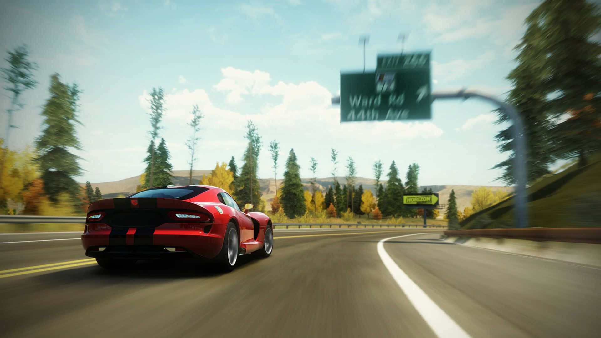 Racing Games 桌布 壁紙 — 一輛紅色跑車在晴朗藍天下，沿著蜿蜒的高速公路穿過秋日森林飛馳。