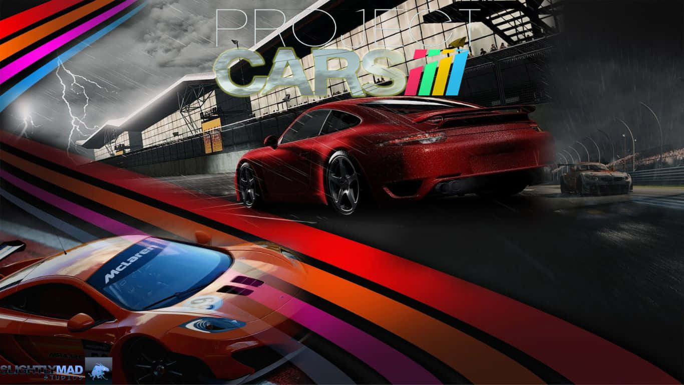1366x768 Project Cars 桌布 壁紙 — 一輛紅色跑車在暴風雨的天空下，伴隨著閃電和充滿活力的運動條紋，在潮濕的賽道上奔馳。