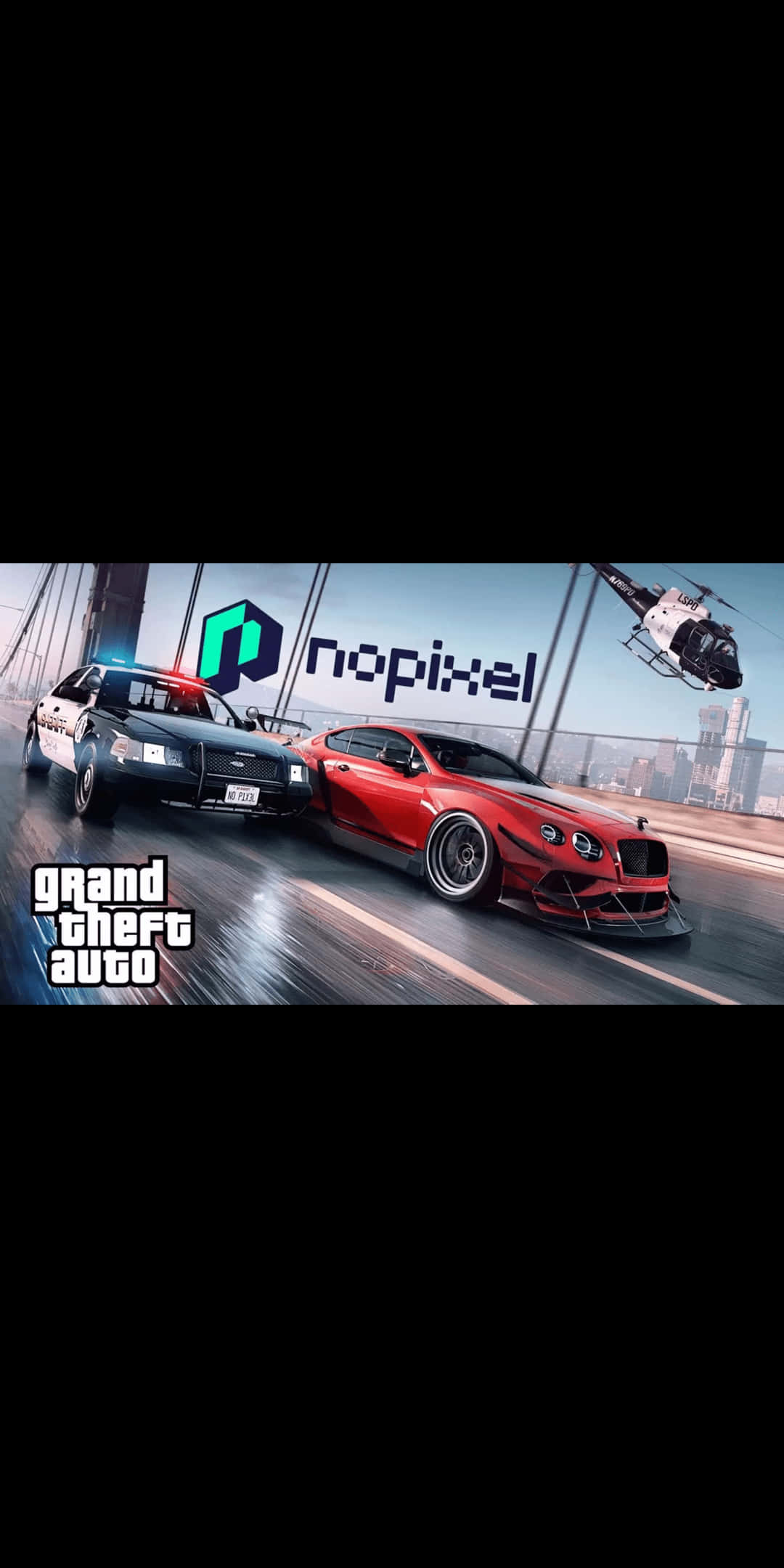 Pixel 3 Grand Theft Auto V 桌布 壁紙 — 一輛紅色跑車在濕滑的城市橋上與警車競速，直升機在上空盤旋，這是GTA遊戲場景。