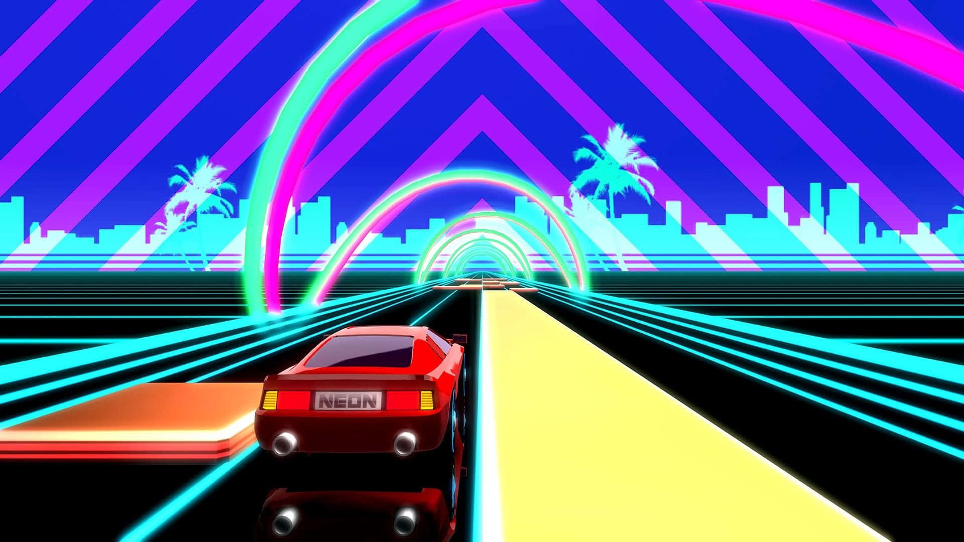 Arcade Aesthetic 桌布 壁紙 — 一輛紅色跑車在發光的霓虹高速公路上奔馳，下方是充滿活力的拱門，背景是復古未來主義的城市天際線。