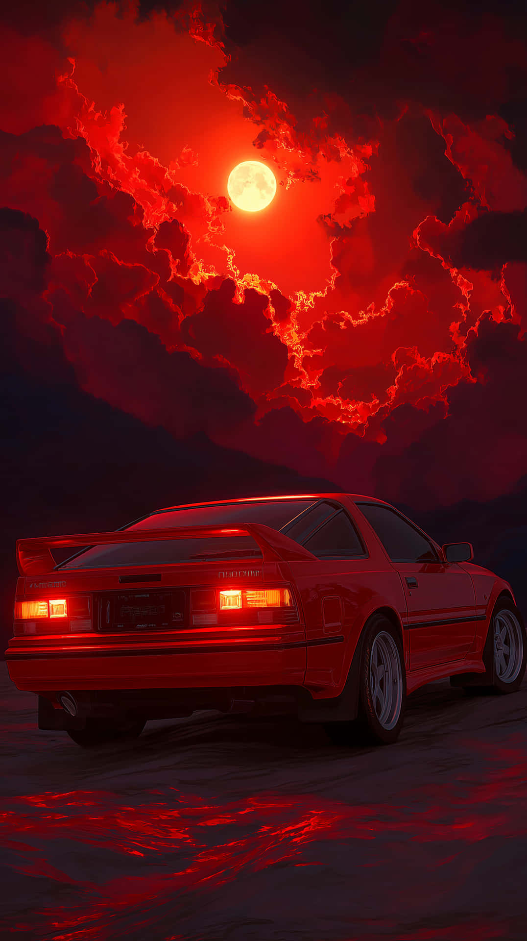 Retrowave Sunset Ride 壁紙 — 一輛紅色跑車在血紅色的月亮下發光，閃電在火紅的雲層中劈啪作響。