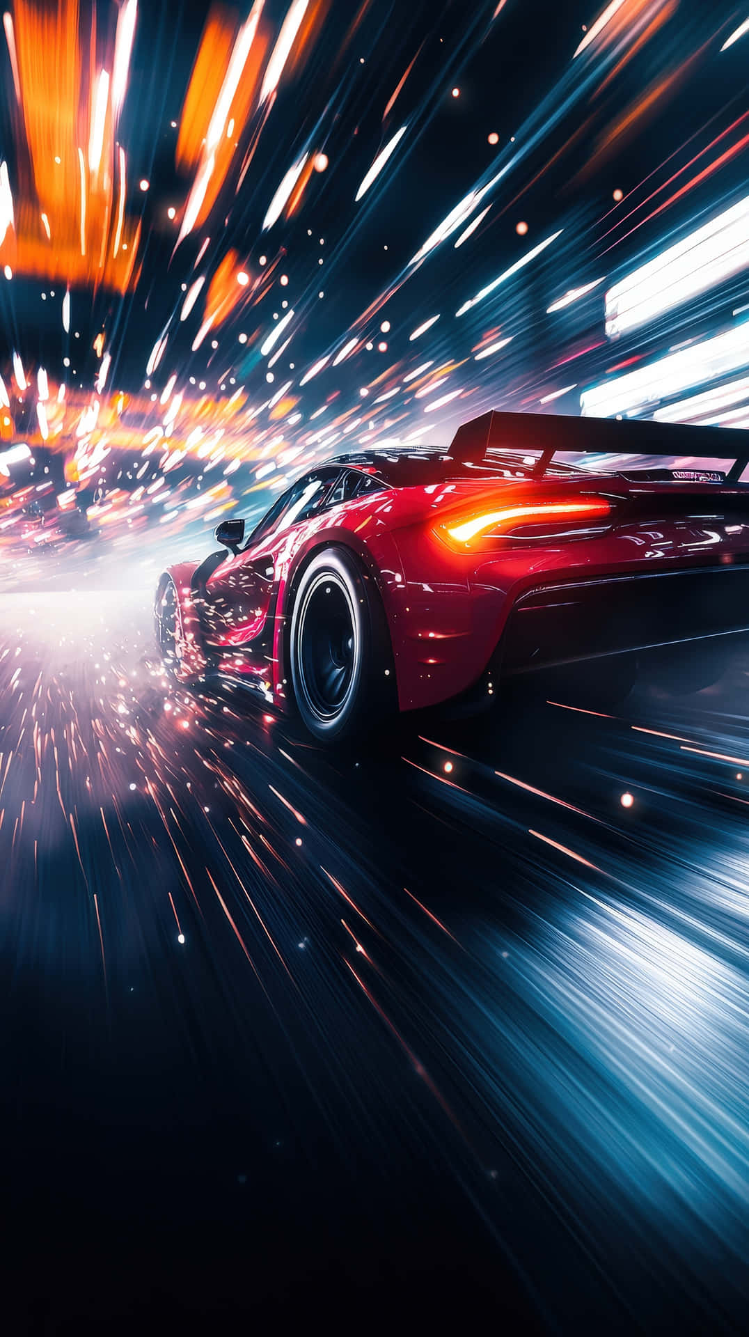 High-speed red sports car racing through neon city lights at night 壁紙 — 一輛紅色跑車在霓虹燈隧道中疾馳，伴隨著條紋光線和發光粒子。
