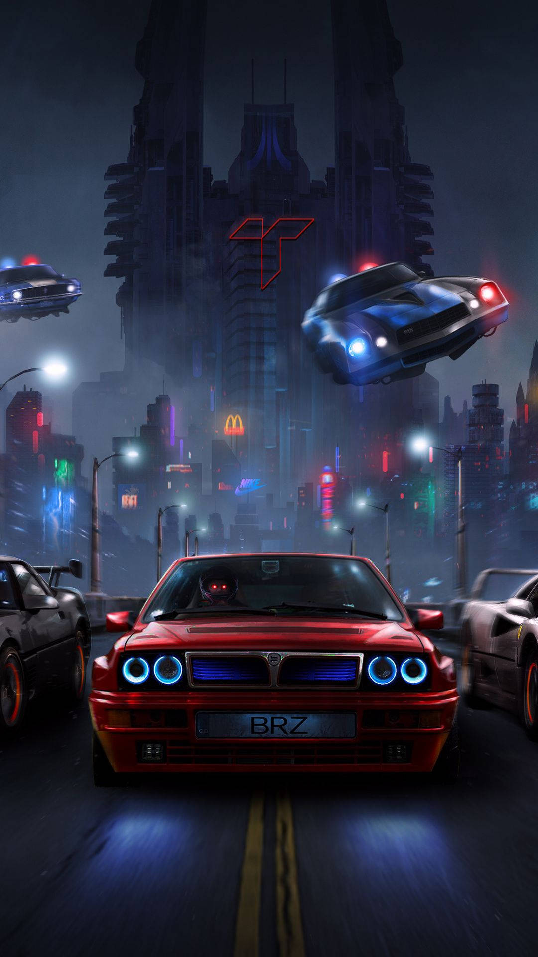 Auto Racing 桌布 壁紙 — 一輛紅色跑車配備發光的藍色車頭燈，行駛在一個霓虹燈閃爍的未來城市中，周圍有飛天汽車和高聳的摩天大樓。