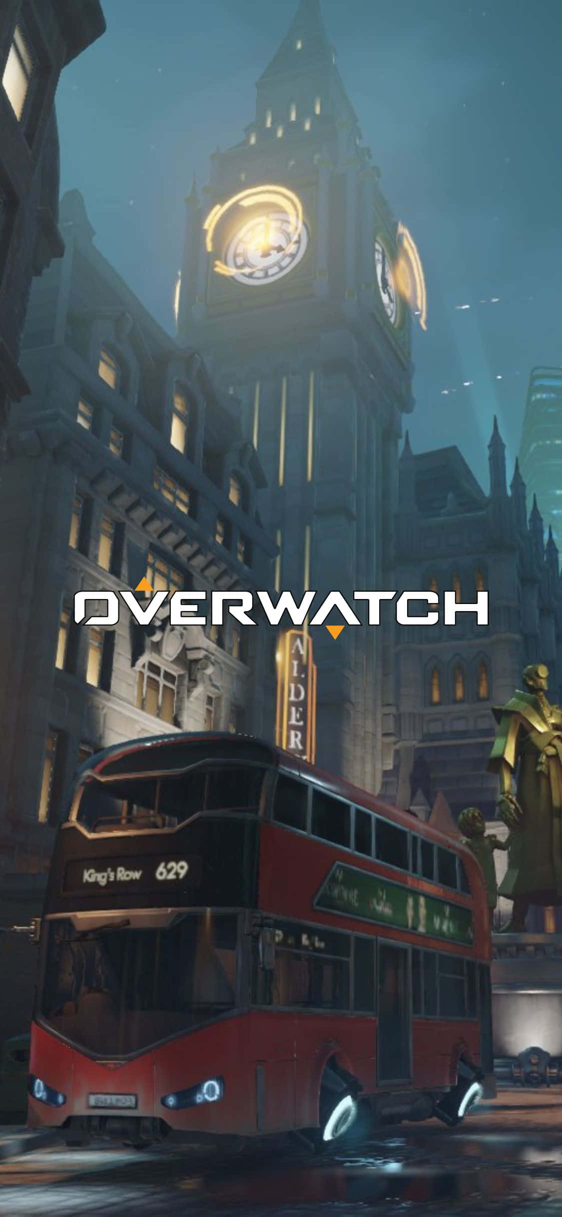 iPhone X Overwatch 桌布 壁紙 — 一輛紅色雙層巴士在風格化的《鬥陣特攻》倫敦中，駛過高聳的鐘樓，天空籠罩著憂鬱的暮色。