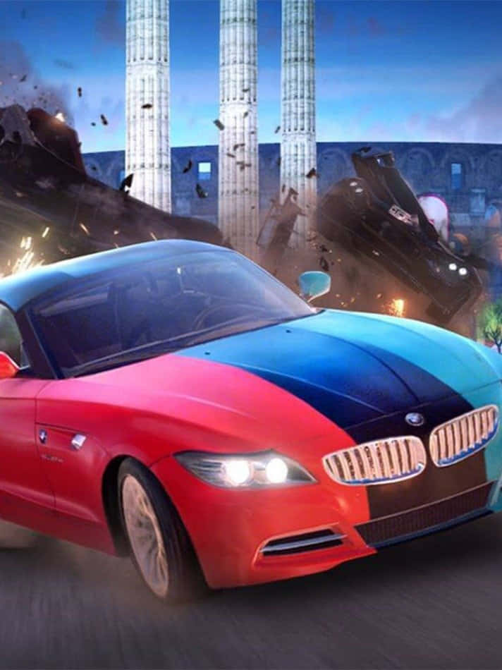 iPhone X Grid Autosport 桌布 壁紙 — 一輛紅藍黑色的BMW Z4高速穿越一座正在崩塌的古代遺跡，碎片飛揚，身後爆炸連連。