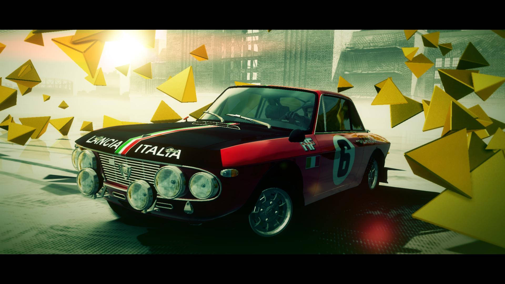 Dirt 3 桌布 壁紙 — 一輛紅黑色的藍旗亞拉力賽車在未來城市景觀中疾馳，空中漂浮著金色三角形。