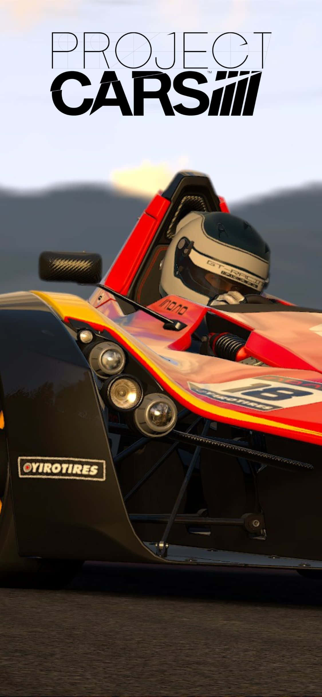iPhone Xs Project Cars 桌布 壁紙 — 一輛紅黑賽車，車手戴著頭盔，在柔和天空和遠山下的賽道上飛馳。