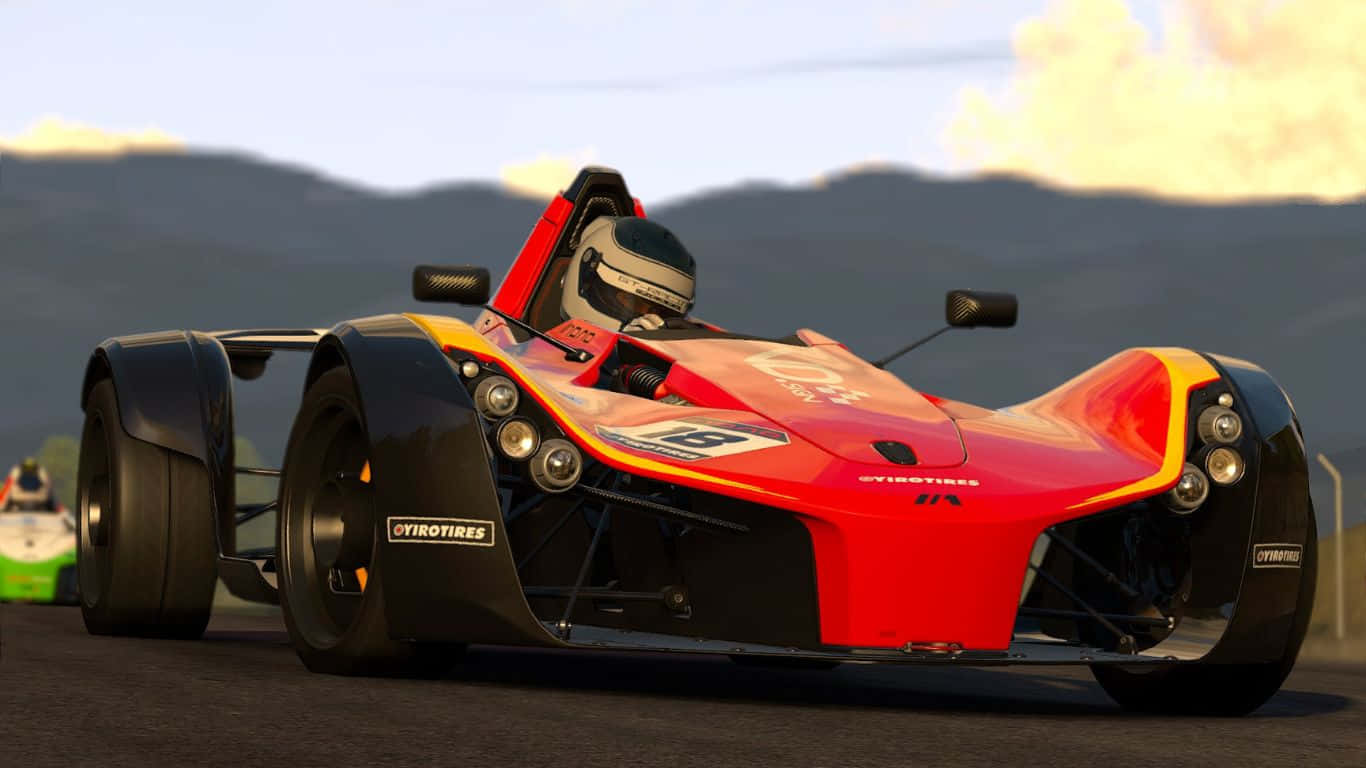 1366x768 Project Cars 桌布 壁紙 — 一輛紅黑開輪賽車在日落時分，背景有山脈的賽道上疾馳。