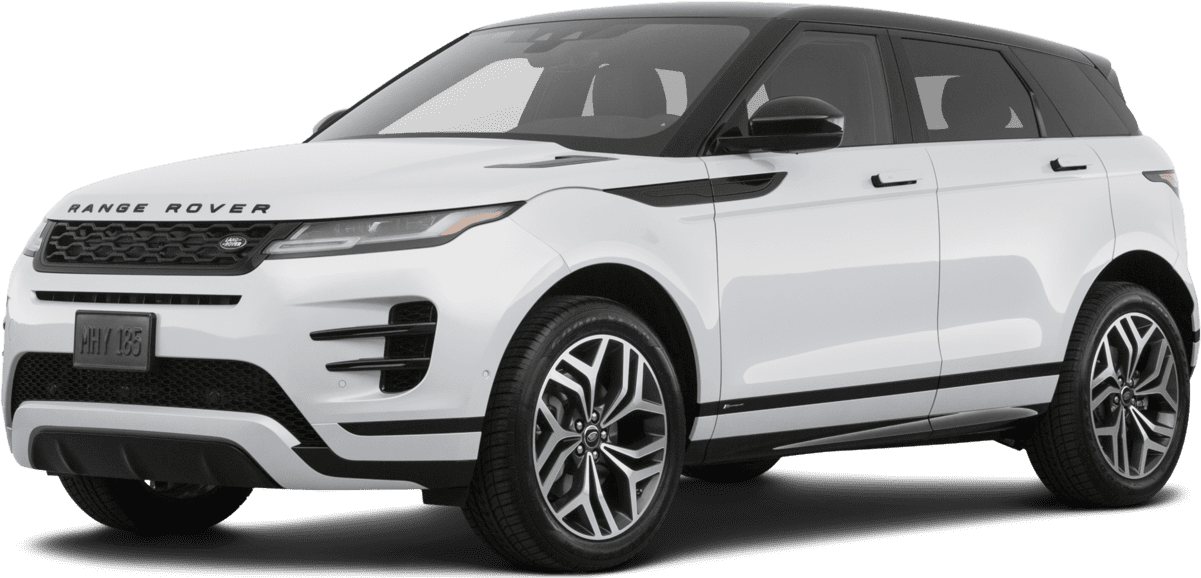 荒原路華 桌布 壁紙 — 一輛純白色 Range Rover Evoque SUV，帶有黑色飾邊和時尚合金輪圈，在攝影棚燈光下展示。