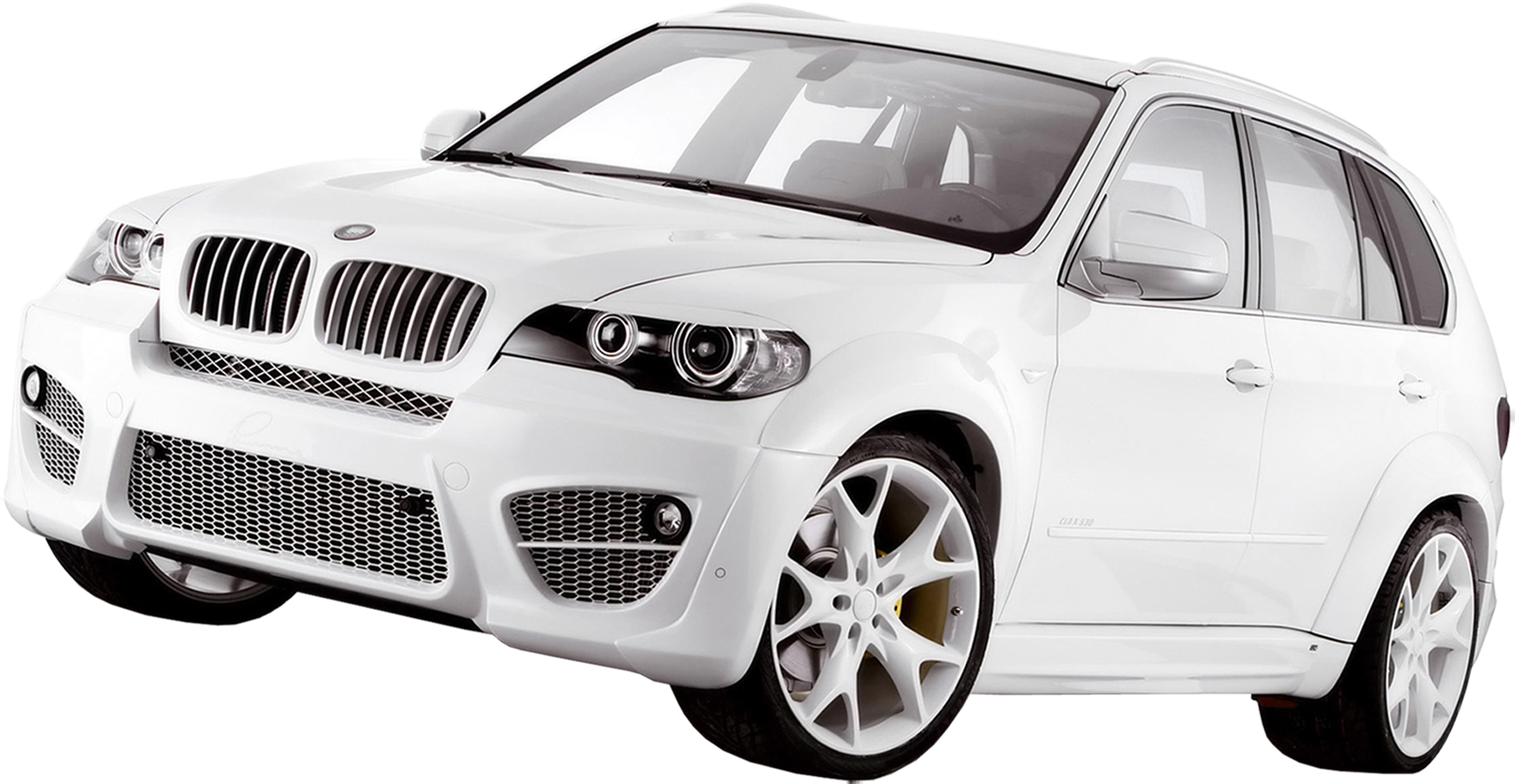 BMW 動圖 桌布 壁紙 — 一輛純白色BMW X5 SUV，配備時尚合金輪圈和霸氣前格柵，在攝影棚燈光下展示。