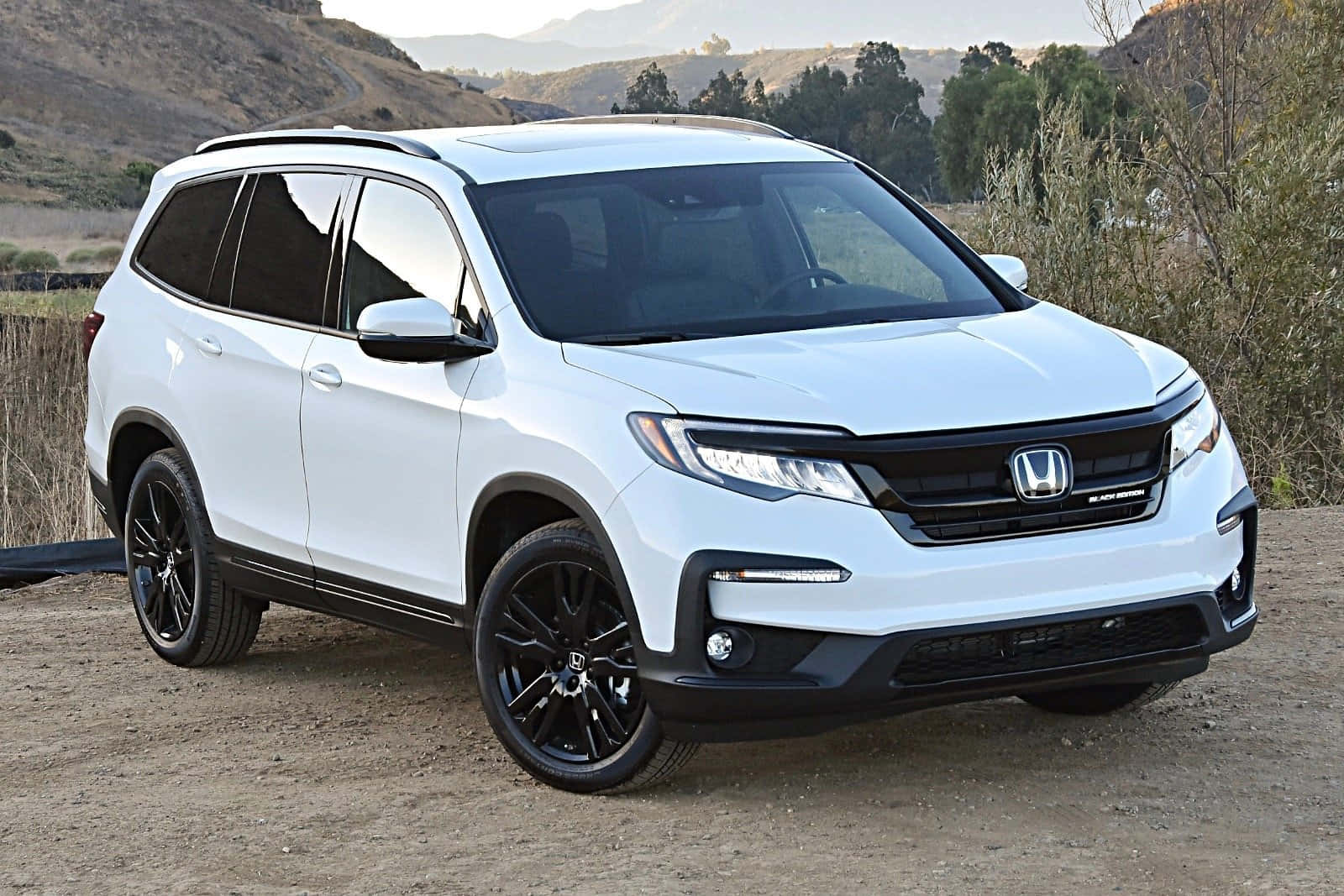 Honda Pilot 桌布 壁紙 — 一輛純白色本田 Pilot SUV 配黑色輪圈，停泊在乾燥山丘和樹木附近的泥土上，柔和日光下。