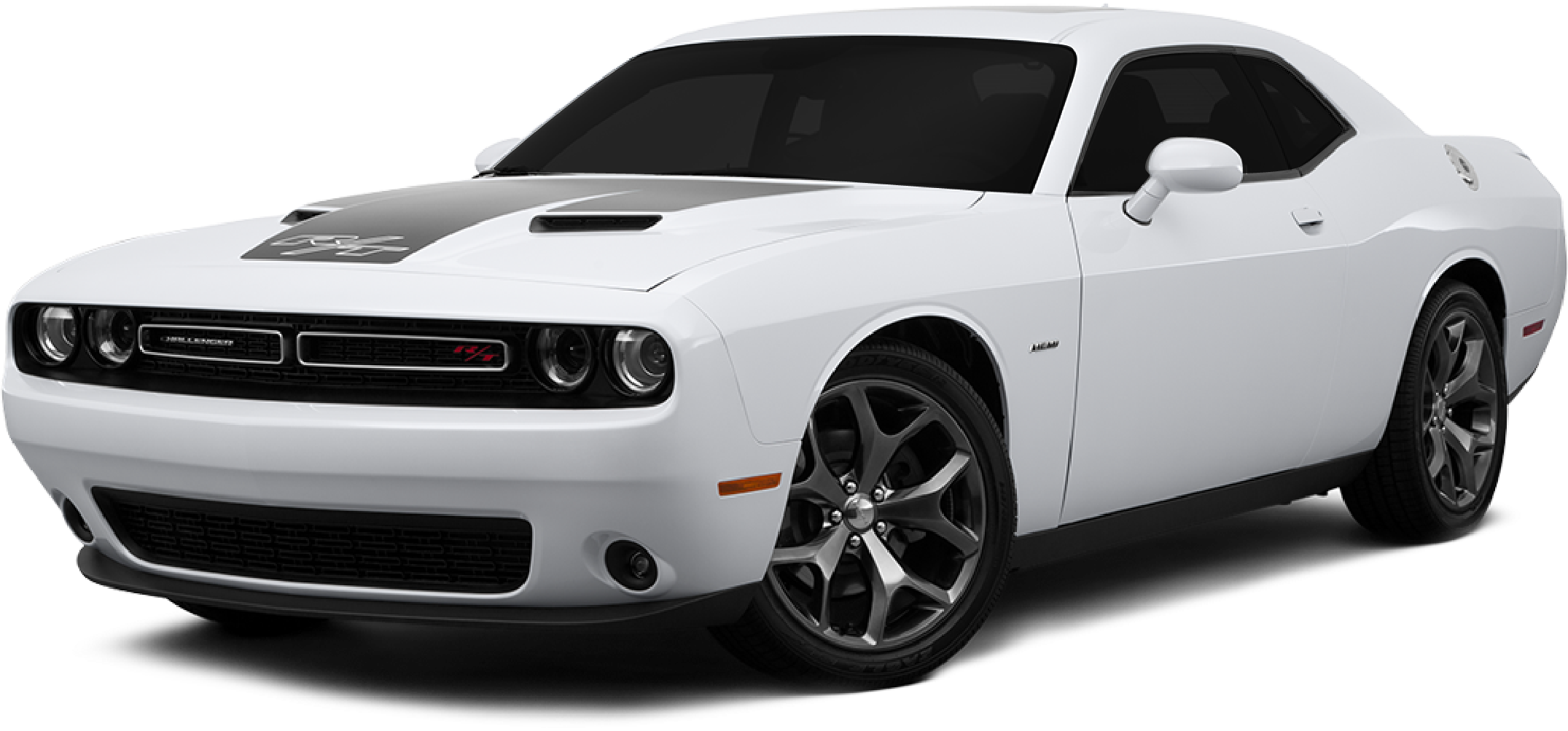 道奇 桌布 壁紙 — 一輛純白色的 Dodge Challenger Hellcat，帶有黑色賽車條紋和侵略性造型，在黑色背景上脫穎而出。