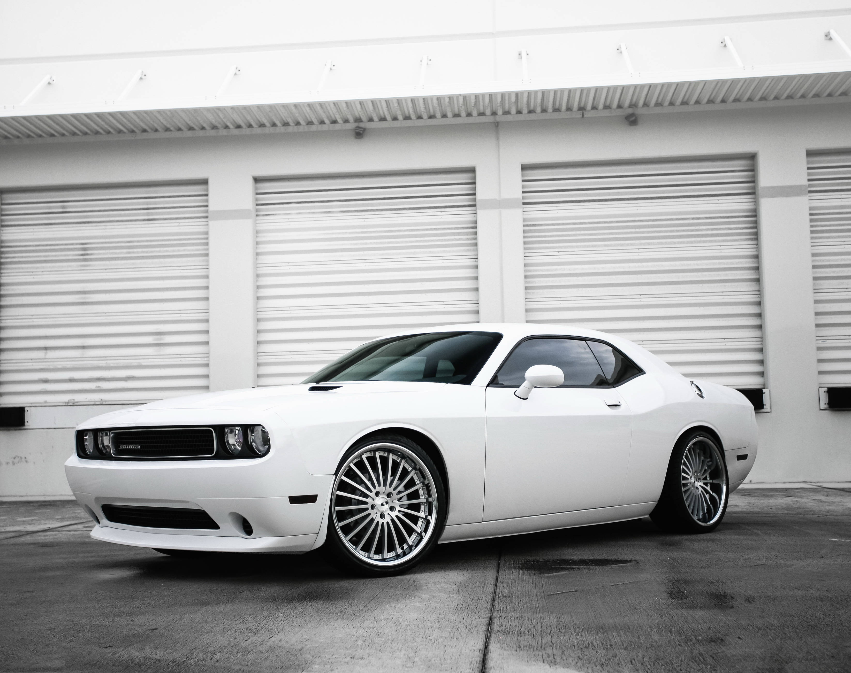道奇隊 桌布 壁紙 — 一輛純白色的 Dodge Challenger 跑車配備定制輪圈，停在帶有捲簾門的簡約工業建築前。