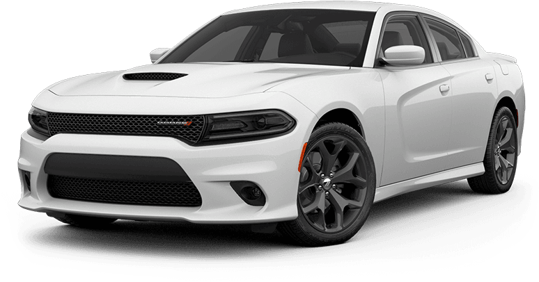 道奇 桌布 壁紙 — 一輛純白色的 Dodge Charger SRT Hellcat 轎車，帶有黑色飾件和侵略性造型，在純黑色背景下脫穎而出。