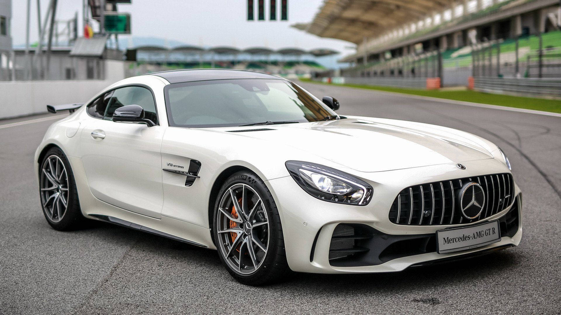 Gtr 桌布 壁紙 — 一輛純白色的 Mercedes-AMG GT R 跑車停在賽道上，背景是觀眾席。