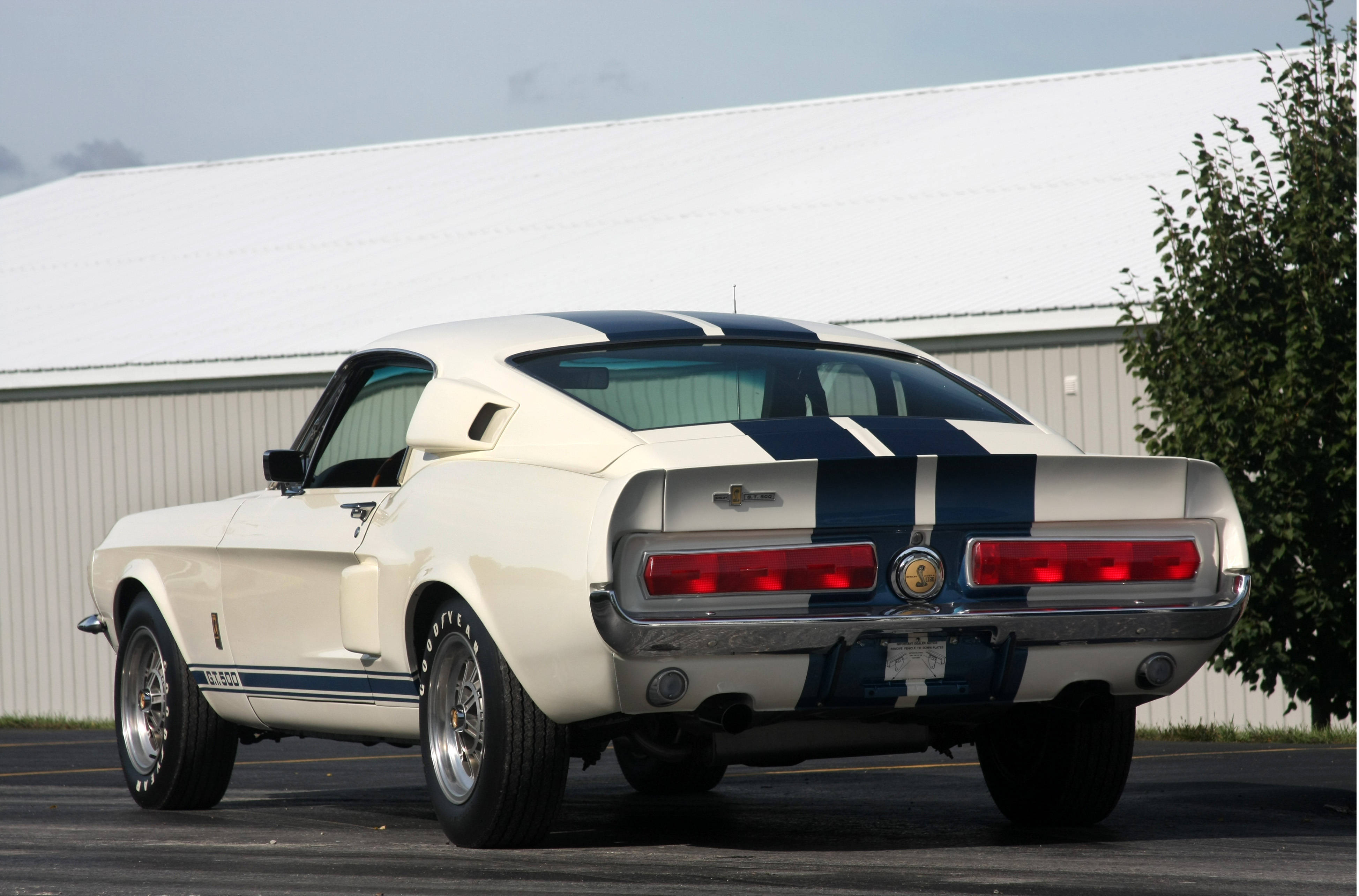 shelby iPhone 桌布 壁紙 — 一輛純白色的1967年Shelby GT500 Mustang，帶有醒目的藍色賽車條紋，停在晴朗天空下的戶外。