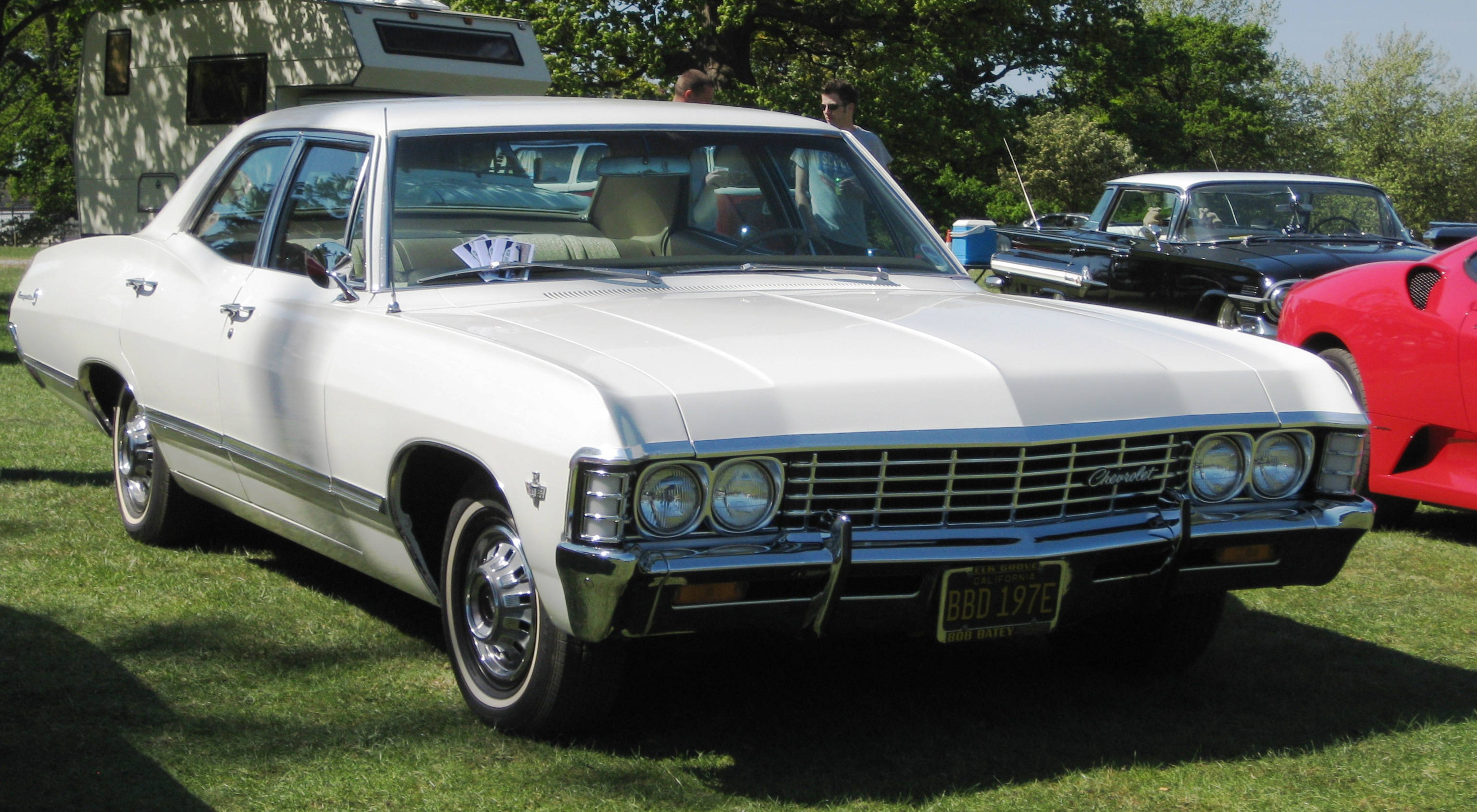 chevrolet impala 1967 桌布 壁紙 — 一輛純白色的1970年代雪佛蘭轎車在經典車展的草地上，在明亮的陽光下閃閃發光。