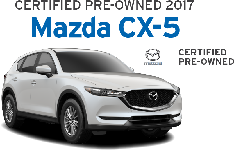 馬自達 桌布 壁紙 — 一輛純白色的2017年Mazda CX-5 SUV在黑色背景上展示，並帶有粗體藍色和灰色的認證文字。