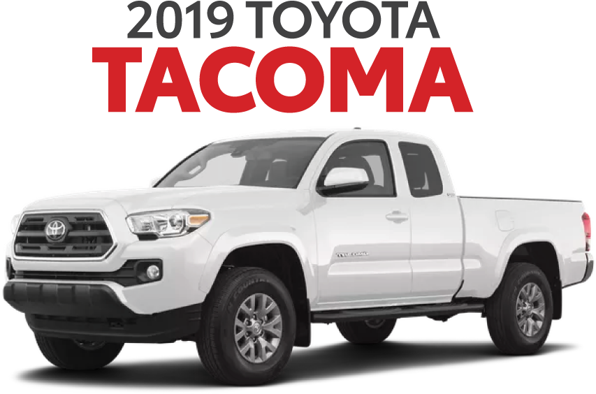 豐田 桌布 壁紙 — 一輛純白色的2019年豐田Tacoma pickup貨車，在黑色背景上以側面輪廓展示，並帶有粗體的紅色和灰色文字。