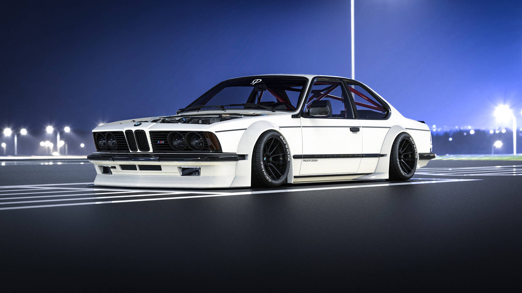 classic bmw 桌布 壁紙 — 一輛純白色的BMW E30 M3賽車，配備黑色輪圈和紅色內裝，在夜晚的黑暗賽道上，在明亮的體育場燈光下蓄勢待發。